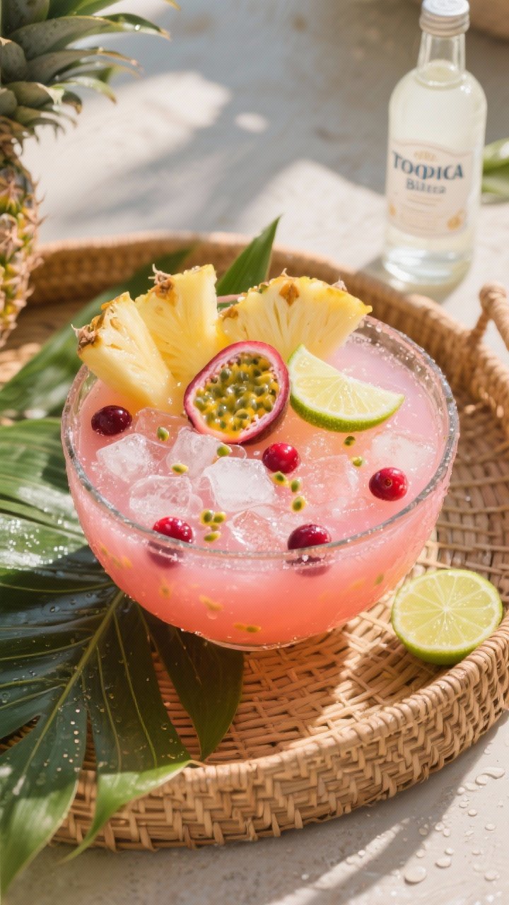 45-degree angle hero shot of a Tropical Blush Bowl: a wide glass bowl brimming with sunset-pink punch made from 100% cranberry juice, pineapple juice, passionfruit nectar, white rum (optional), fresh lime juice, and agave syrup. Garnish with pineapple wedges, lime wheels, and passionfruit seeds floating on top, crushed ice shimmering. Set on a sunlit rattan tray with tropical leaves, a small bottle of white rum to the side, and condensation on the bowl for a vacation vibe.