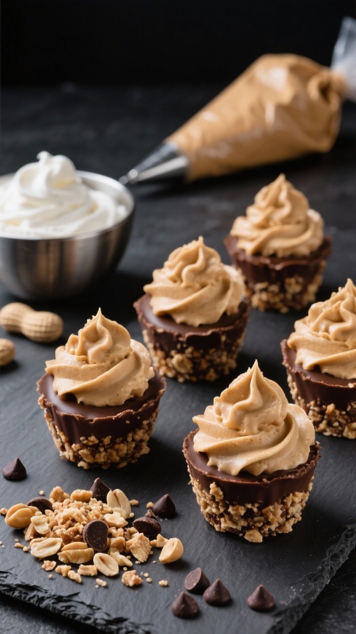45-degree angle ingredient-to-final composite scene for peanut butter mousse cups with crunchy chocolate bases: foreground shows set chocolate bases made from melted sugar-free chocolate chips and coconut oil pressed with a layer of crushed roasted peanuts (or pork rinds) for zero-carb crunch; background features a piping bag swirling ultra-airy peanut butter mousse made from cold heavy whipping cream and cream cheese into the cups. Textural emphasis on the craggy crunchy base and cloudlike mousse peaks; styled on a dark slate with a small pile of crushed peanuts, scattered chocolate chips, and a chilled metal bowl of whipped cream; crisp, cool lighting for professional polish.