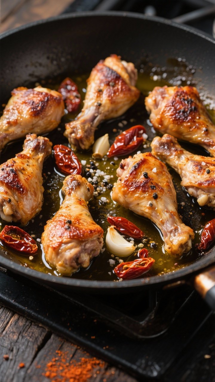 45-degree angle, one-pan stovetop scene highlighting Tuscan Garlic Chicken Thighs With Crispy Edges: six bone-in, skin-on thighs with rendered, blistered, deeply bronzed skin; the pan glistening with olive oil, scattered pieces of oil-packed sun-dried tomatoes (drained) tucked between thighs; seasonings of kosher salt, black pepper, garlic powder, and smoked paprika visible as a spicy, ruddy crust; warm Tuscan palette, shallow depth of field emphasizing crackly skin and oily sheen, set on a dark rustic wood surface.