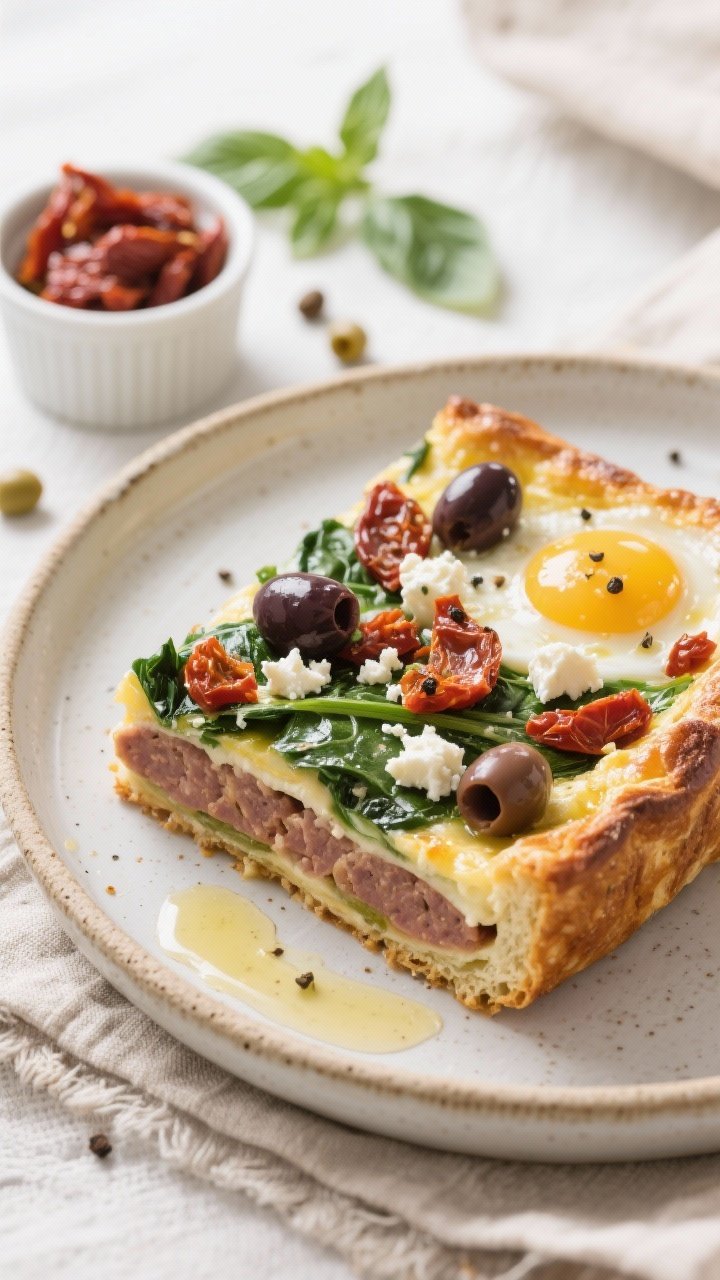 45-degree angle plated presentation of a Mediterranean morning bake: rustic ceramic dish with a slice showing layers of mild Italian sausage, baby spinach, chopped sun-dried tomatoes, Kalamata olive halves, and crumbled feta bound by eggs. Drizzle of olive oil and a sprinkle of cracked pepper on top, with a small ramekin of sun-dried tomatoes, a few olive pits, and torn basil leaves in the background. Bright, airy light with Mediterranean vibes, textured linen underlay.
