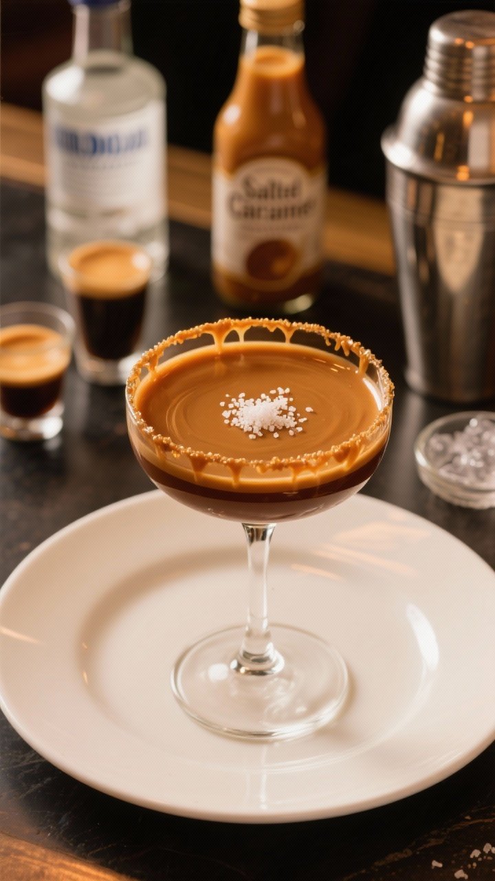 45-degree angle plated presentation of a Salted Caramel Espresso Martini: a glossy caramel-brown cocktail in a coupe with a delicate salted caramel drip on the rim and a tiny pinch of flaky sea salt sprinkled off-center on the crema. Ingredients staged behind slightly out of focus: vodka, coffee liqueur, a shot of cooled espresso, a bottle of salted caramel syrup, and a small pinch bowl of sea salt. Ice-filled shaker to the side, warm amber backlight hinting dessert vibes, no people, mouthwatering sheen, high contrast highlights.