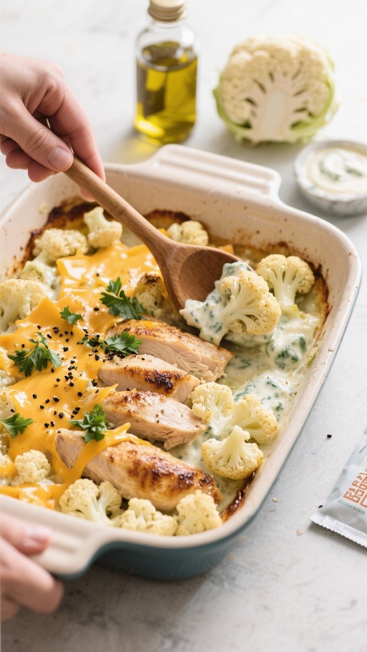 45-degree angle process shot of a loaded cauli-ranch bake in a rustic enamel casserole: small cauliflower florets tossed in olive oil, kosher salt, and black pepper roasted to slight char; chopped juicy chicken thighs folded in with ranch-spiked creaminess and a blanket of cheddar starting to melt; a wooden spoon tucking ingredients together; scattered fresh parsley and extra black pepper on top; ingredients on the side include a head of cauliflower, olive oil bottle, and ranch packet; bright, clean keto veggie-forward vibe, soft daylight.