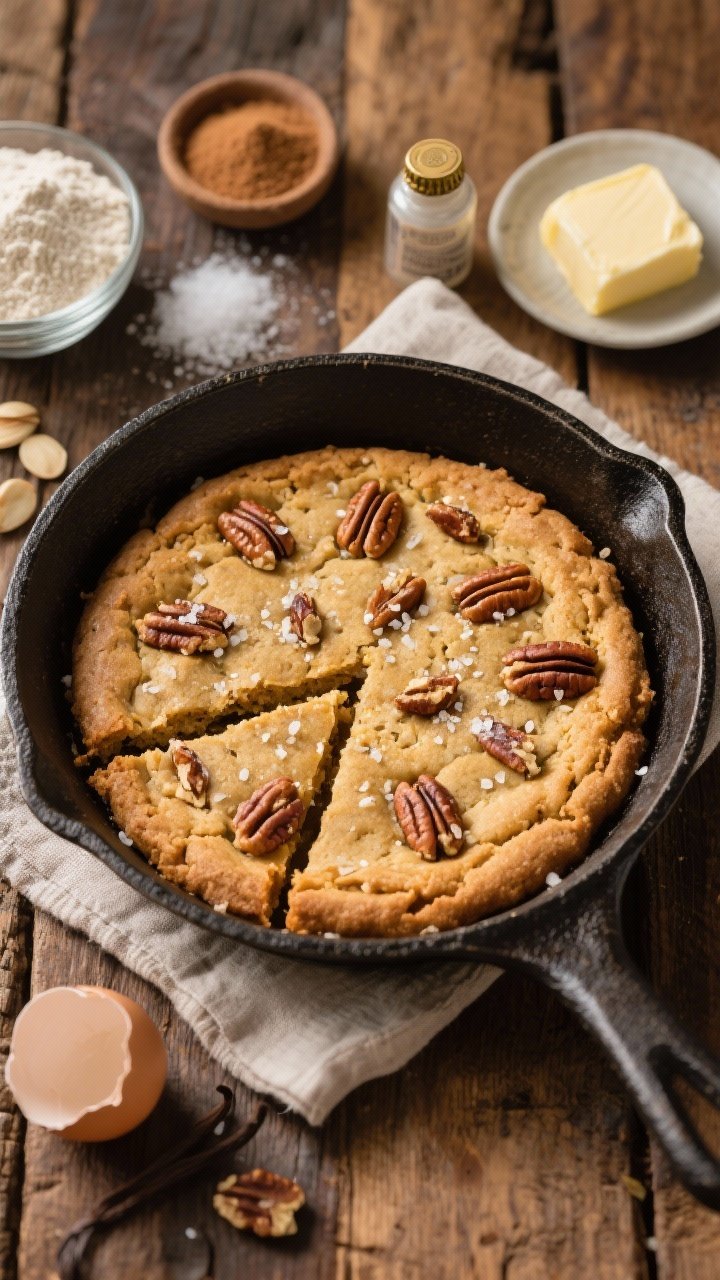 45-degree angle skillet scene: a golden-brown salted pecan keto cookie baked in a cast-iron skillet, sliced like pie with visible wedges, studded with toasted pecans and finished with flaky sea salt. Place nearby ingredients: blanched almond flour, allulose, brown-style keto sweetener, baking soda, fine sea salt, unsalted butter, a cracked egg, and a small bottle cap suggesting vanilla extract. Warm rustic styling on a wooden table, linen napkin, gooey center visible at the cut line, inviting, shareable presentation.