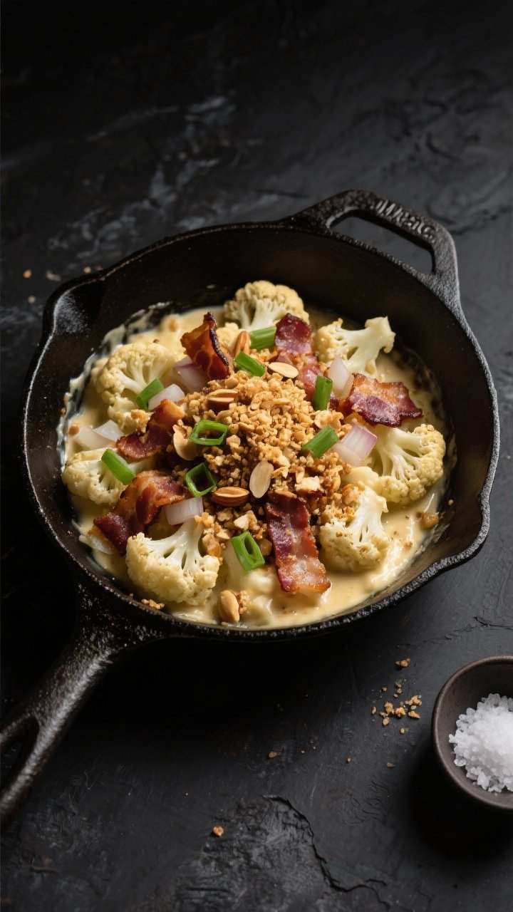 45-degree angle skillet scene for Smoky Bacon & Scallion Cauliflower “Mac” with Crunchy Almond Crumble: cauliflower florets nestled in a butter-enriched cream base with finely diced onion, smoky thick-cut bacon pieces crisped and scattered on top, sliced scallions for freshness, and a golden almond crumble finishing layer. Cooked in a well-seasoned black skillet, bacon fat sheen visible, crumbs toasted and textured. Dark slate backdrop, moody lighting to accentuate the bacon and crumble crunch, no people, just the sizzling skillet and a small dish of kosher salt on the side.