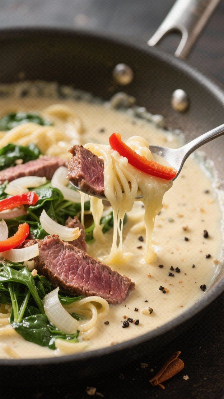 45-degree close-up of a creamy Alfredo-style keto skillet finish: shaved ribeye or sirloin folded into a silky butter-and-olive-oil cream sauce with sautéed onion, minced garlic, and wilted baby spinach; strings of melted mozzarella stretching as a spoon lifts a portion, with thin red bell pepper strips adding pops of color; set in a wide stainless skillet, specks of black pepper and grated nutmeg visible; soft, luxurious lighting to emphasize the creaminess and mozzarella pull.