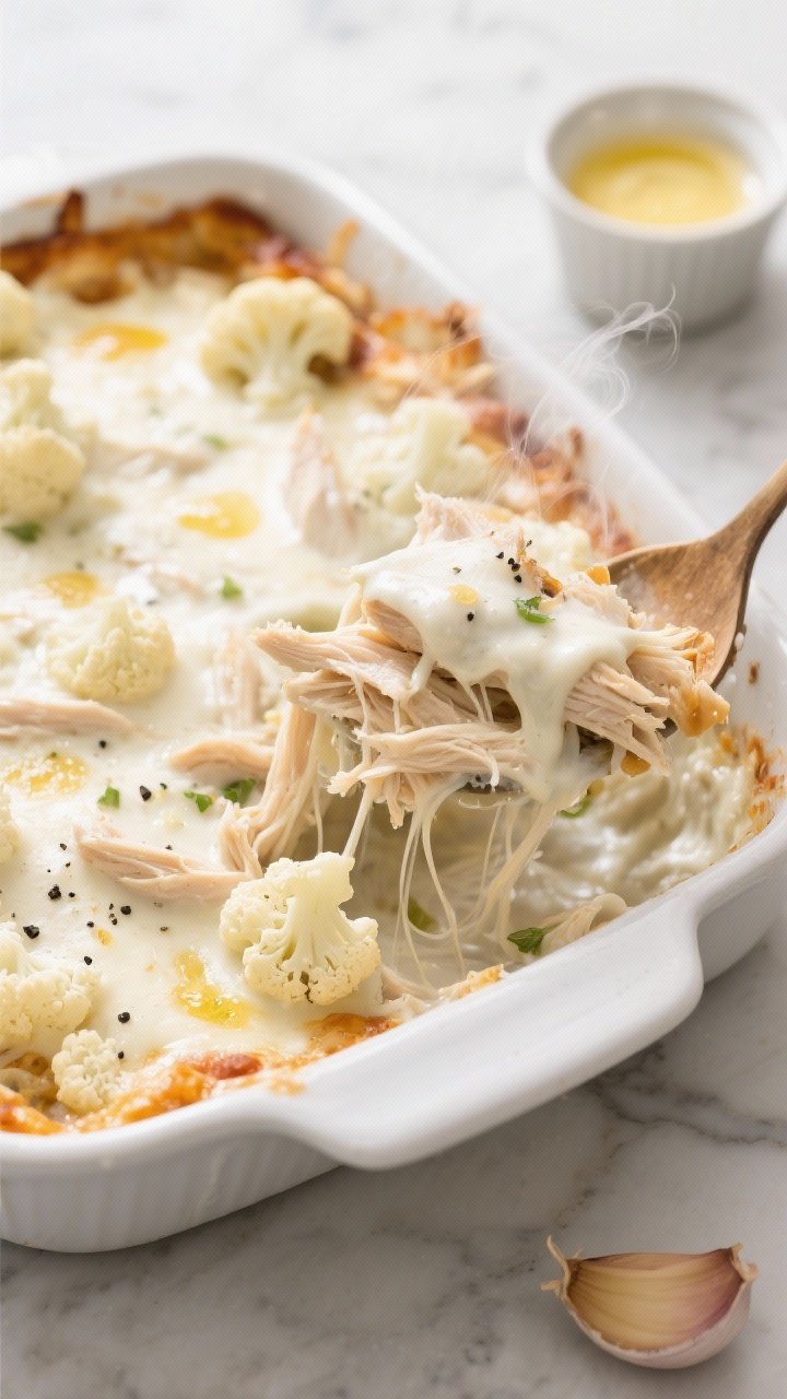 45-degree close-up of a creamy White “Garlic Chicken” Keto Pizza Casserole being scooped from a white ceramic baking dish: strands of shredded rotisserie chicken coated in a silky garlic butter sauce made from heavy cream and softened cream cheese, tender small cauliflower florets throughout, a blanket of melted mozzarella with faint golden spots; visible minced garlic and flecks of black pepper, steam rising; set on a light marble surface with a small ramekin of melted butter and a halved garlic bulb in frame; comforting, rich, and ultra-creamy.