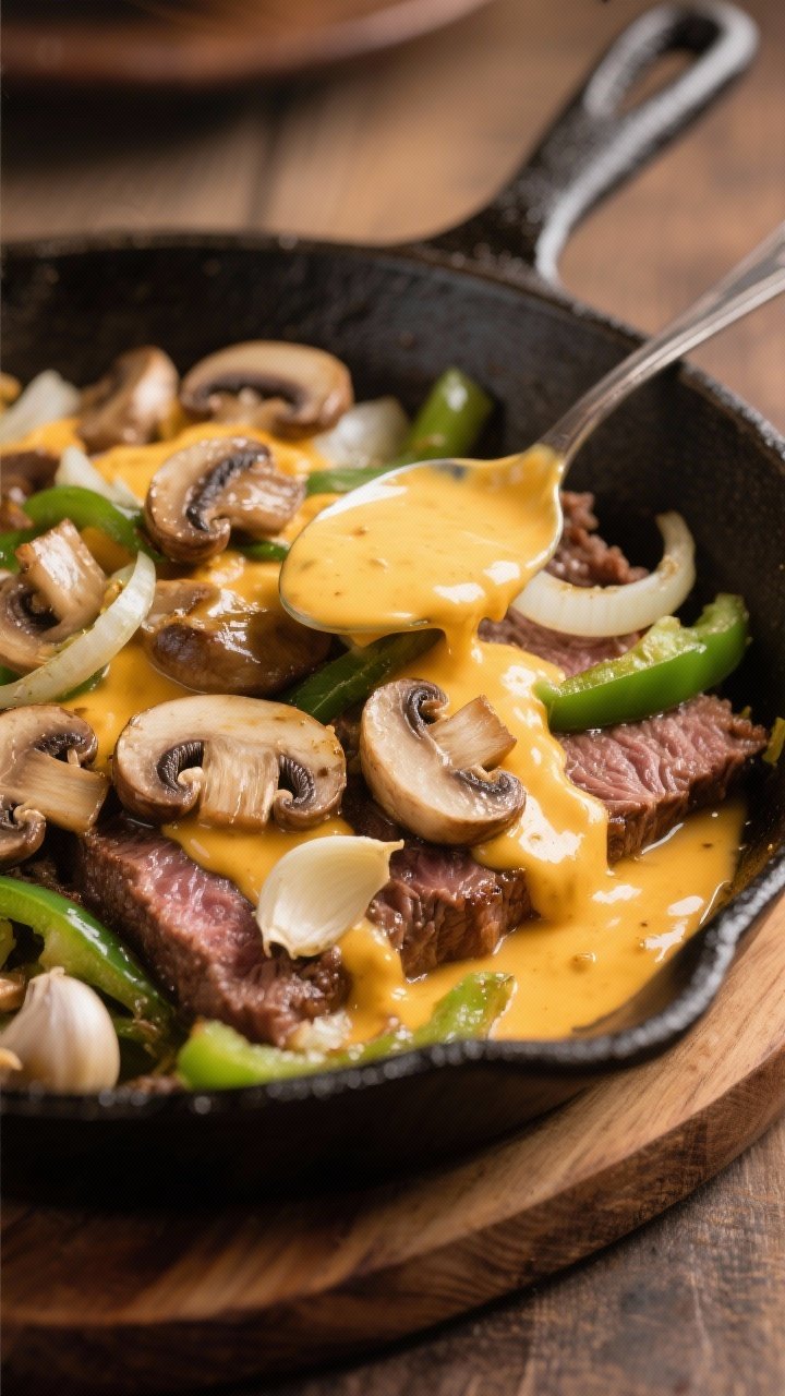 45-degree close-up of a mushroom-smothered cheesesteak skillet mid-cook: shaved sirloin or flank steak nestled under a blanket of sautéed cremini mushrooms, thinly sliced onion, and green bell pepper, all glossed in olive oil; a warm, velvety cheddar “whiz” drizzle pooling and cascading over the meat and vegetables, garlic peeking through; cast-iron pan on a wooden board, with a spoon coated in cheddar sauce resting at the edge; rich, cozy tones and a soft vignette to emphasize the molten cheese glow.