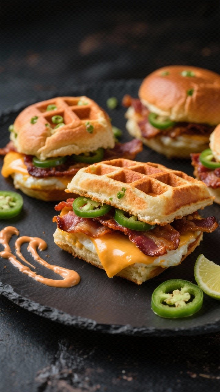 45-degree close-up of Spicy Chipotle Bacon & Pepper Jack Sliders: jalapeño-studded chaffles (egg, mozzarella or pepper jack, coconut flour optional, baking powder) sandwiching crispy bacon, melted pepper jack, and a smear of chipotle mayo. Visible thin jalapeño rings baked into the chaffle grid, smoky chipotle sauce swirled on the plate, a few scattered jalapeño slices and lime wedges nearby. High-contrast lighting to emphasize glossy cheese melt and bacon crisp; dark slate backdrop for a bold, tangy-spicy vibe.