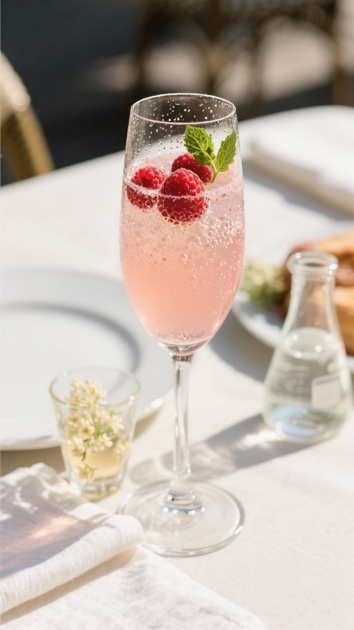 45-degree close-up of the Blushed Berry Elderflower Spritz in a stemmed flute: pale pink hue from dry rosé sparkling wine and strained raspberry purée, fine bubbles rising, 2–3 fresh raspberries floating, a petite mint sprig perched at the rim; condensation on the glass, a sidecar shot glass of elderflower liqueur and a small beaker of chilled soda water nearby; styled on a sunlit brunch table with a white plate and linen napkin, crisp highlights for an elegant morning feel.