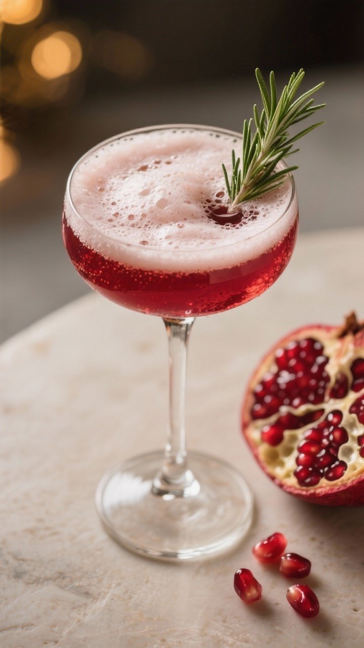 45-degree cozy-evening scene of the Rosemary-Pomegranate Sparkler For Cozy Evenings: a coupe glass with a garnet drink crowned by a fine mousse of sparkling wine or dry hard cider, garnished with a small upright rosemary sprig; ingredients staged to the side—
