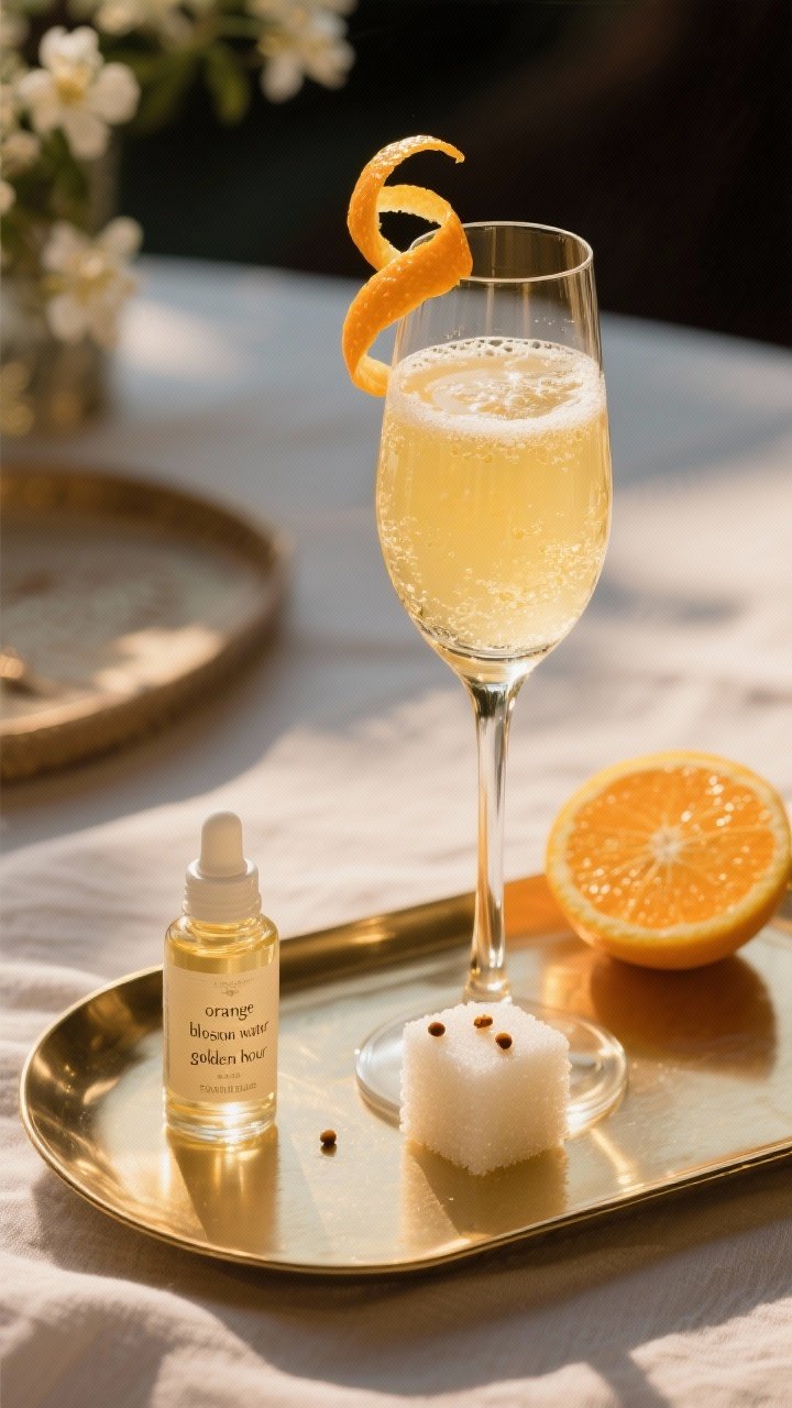 45-degree plated beauty shot of an Orange Blossom Royale: a flute filled with pale golden Brut/Extra Brut Champagne, delicate ribbons of bubbles rising from a sugar cube base, kissed with 2 dashes orange bitters and a whisper of orange blossom water; an orange twist draped gracefully over the rim, with a thin orange wheel resting nearby; warm “golden hour” backlight creating a sunlit glow, reflective brass tray, soft linen, and a small dropper bottle labeled “orange blossom water” in the background for context.