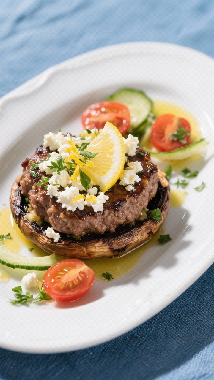 45-degree plated Mediterranean Feta-Burger Portobellos with Lemon Herb Drizzle: roasted portobello caps stuffed with 90/10 beef blended with kosher salt, black pepper, minced garlic, and dried oregano, topped with crumbled feta and a glossy drizzle of lemon-herb oil (lemon zest, parsley, oregano); garnished with cherry tomato halves and thin cucumber ribbons for freshness; served on a white ceramic plate over a blue linen for coastal Mediterranean mood; clean, natural light highlighting feta crumbles, herb flecks, and zesty shine.