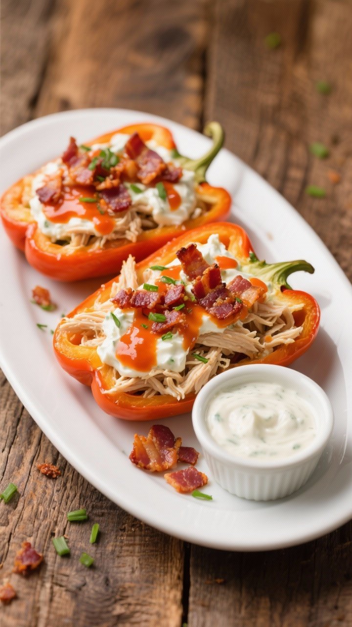 45-degree plated presentation: Bacon-ranch buffalo chicken stuffed peppers on a white oval platter. Halved bell peppers brimming with shredded chicken folded with cream cheese, buffalo wing sauce, ranch dressing, and generous crumbles of crispy bacon on top. Visible flecks of herbs from the ranch, streaks of orange-red buffalo sauce, and crunchy bacon texture. Side ramekin of ranch for dipping, a few scattered bacon crumbs and chives for styling. Warm, tailgate-comfort mood with a rustic wooden table background, shallow depth of field emphasizing the melty, saucy filling.