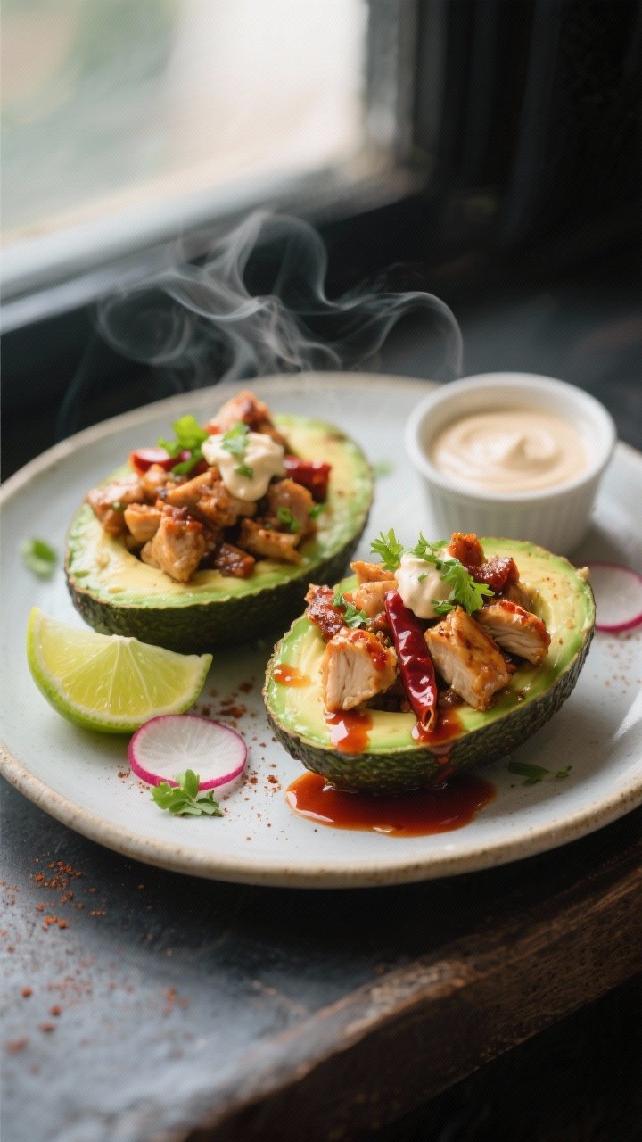 45-degree plated presentation: Chipotle chicken stuffed avocados with lime crema and street-taco vibes. Two avocado halves piled with diced chicken thighs sautéed in avocado oil, minced chipotle pepper in adobo, a touch of adobo sauce, and chili powder—glossy, smoky-red glaze. Drizzled with velvety lime crema, sprinkled with chopped cilantro and thinly sliced radishes for color. Serve on a light ceramic platter with a cut lime and a small ramekin of extra crema. Soft natural window light, vibrant yet moody, steam faintly rising.