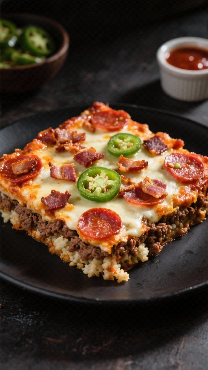 45-degree plated presentation of a Spicy Meat-Lover’s Keto Pizza Casserole With Jalapeño Heat: a generous square on a matte black plate showing layers of ground beef, chopped bacon, pepperoni, and cauliflower rice bound with low-sugar marinara/pizza sauce, topped with melted mozzarella; thin jalapeño rings (seeded for controlled heat) scattered on top, bacon bits crisp and glossy, pepperoni edges cupped; a small bowl of extra jalapeño slices and a ramekin of sauce in the background; bold, smoky, slightly spicy ambiance with directional light highlighting glistening fats and cheese.