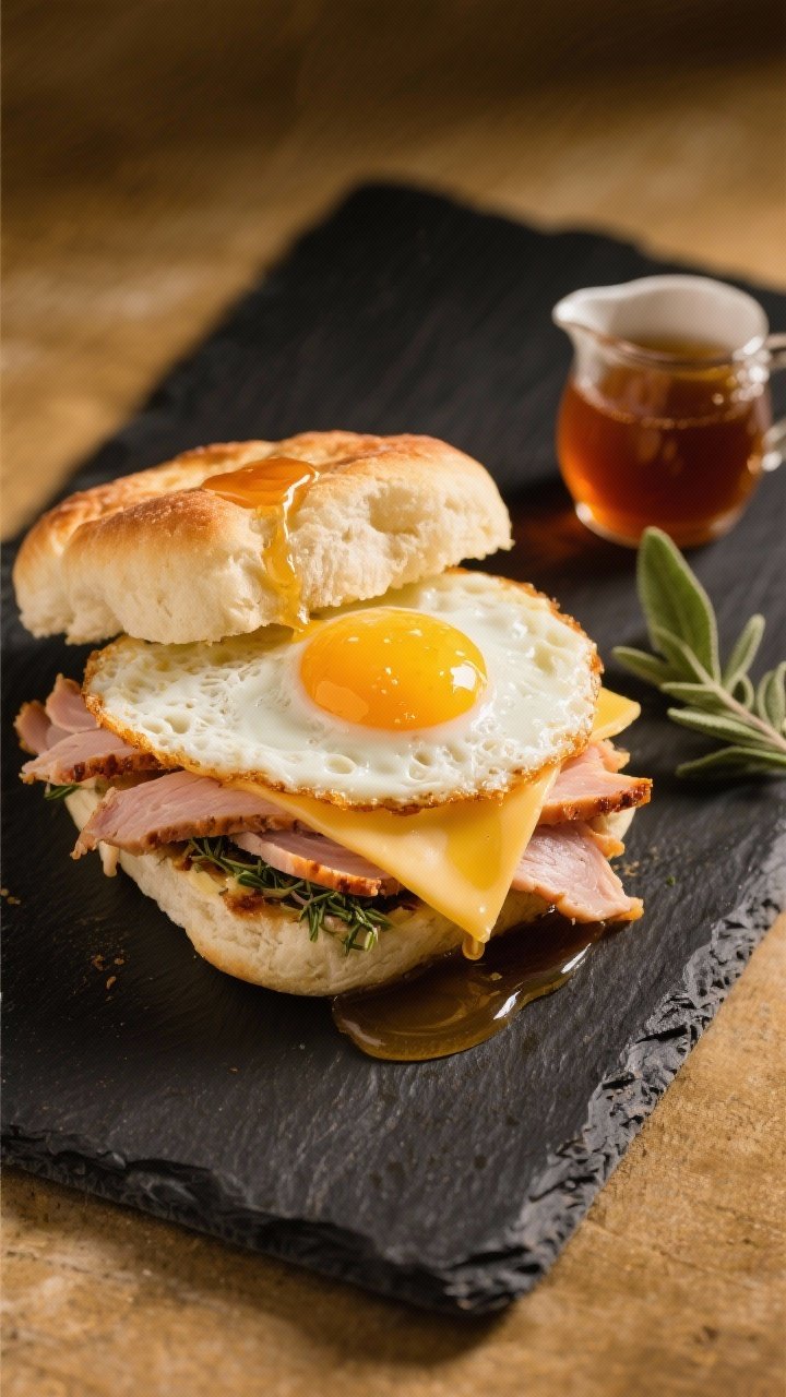 45-degree plated presentation of a sweet-savory keto breakfast sandwich: layers of maple-herb roasted deli turkey folded generously on cloud bread, a fried egg with lacy crispy edges and runny yolk, and a slice of provolone gently melted; a warm gloss of melted butter brushed on the top cloud bread and a delicate drizzle of sugar-free maple syrup creating amber highlights; styled on a dark slate with a tiny pitcher of syrup and sage leaves for aroma; cozy golden lighting, inviting and indulgent.