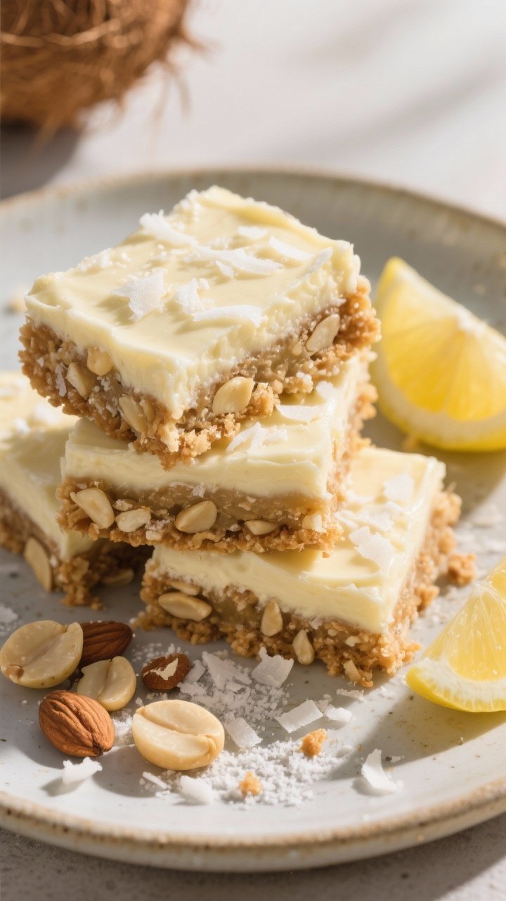 45-degree plated presentation of Coconut-Lemon Cream Bars With Toasty Macadamia Crust: thick coconut-almond crust studded with finely chopped macadamia nuts and unsweetened shredded coconut, sweetened with powdered allulose and bound with melted butter, topped with a pale lemon-coconut cream. Bars stacked irregularly on a ceramic plate, toasted coconut flakes and crushed macadamias sprinkled over, lemon wedges nearby. Warm, sunlit mood with tropical feel, emphasis on crunchy crust texture and creamy top.
