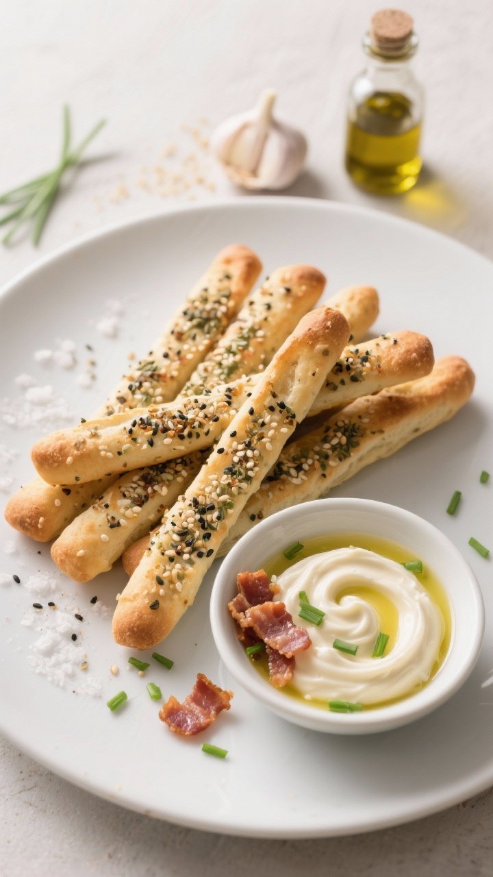 45-degree plated presentation of Everything Seasoned Garlic Breadsticks arranged in a fan on a matte white plate, their tops speckled with everything seasoning (sesame, poppy, dried garlic and onion, sea salt). A small bowl of silky bacon and chive cream sits alongside, with crisp bacon crumbles and finely sliced chives visible on top. Drizzle of olive oil catches the light on the plate rim. In the soft-focus background: a small bottle of olive oil, a heap of garlic powder, and a sprig of chives. Clean, contemporary styling with tight focus on seeds’ texture and creamy dip swirl.