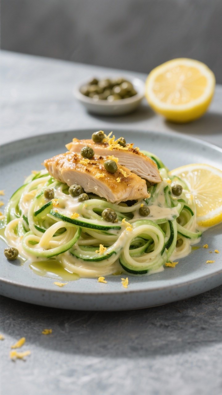 45-degree plated presentation of Lemon-Garlic Chicken Alfredo Zoodles With Crispy Capers: green zucchini noodles swirled into a nest, topped with juicy strips of golden chicken thighs, glossy garlic-lemon cream sauce, and a shower of crackling crisp fried capers. Lemon zest and thin lemon wheels accent the plate; a drizzle of olive oil catches the light. Styled on a cool slate backdrop with a small dish of capers and a cut lemon nearby; bright, citrus-forward mood, shallow depth of field highlighting the capers’ texture.