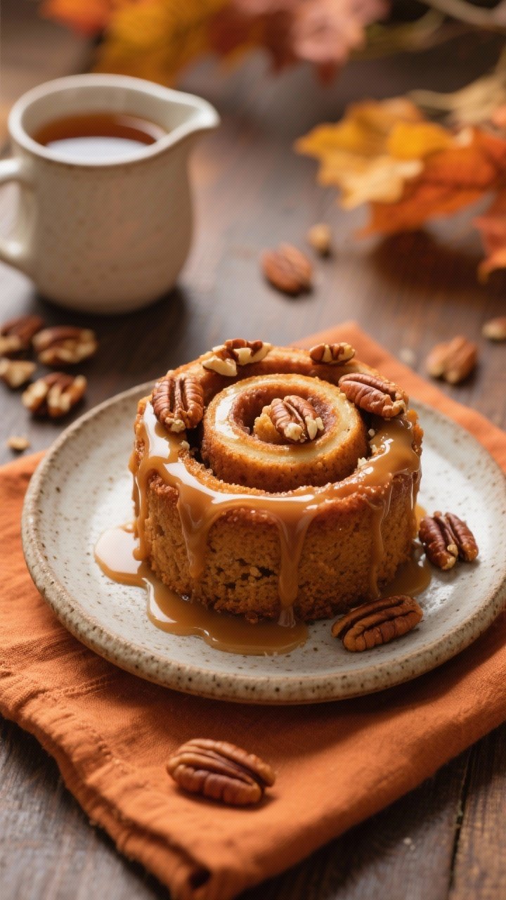 45-degree plated presentation of “Maple Pecan Cinnamon Roll Mug Cake”: mug cake turned out onto a small stoneware plate, spiral visible, drizzled with sugar-free maple glaze and topped with toasted pecan pieces. Maple syrup substitute in a small pitcher and a scatter of chopped pecans in the background, autumnal color palette (caramels, ambers, browns), soft side light highlighting sticky glaze and nutty texture, linen napkin in burnt orange for cozy weekend vibes.