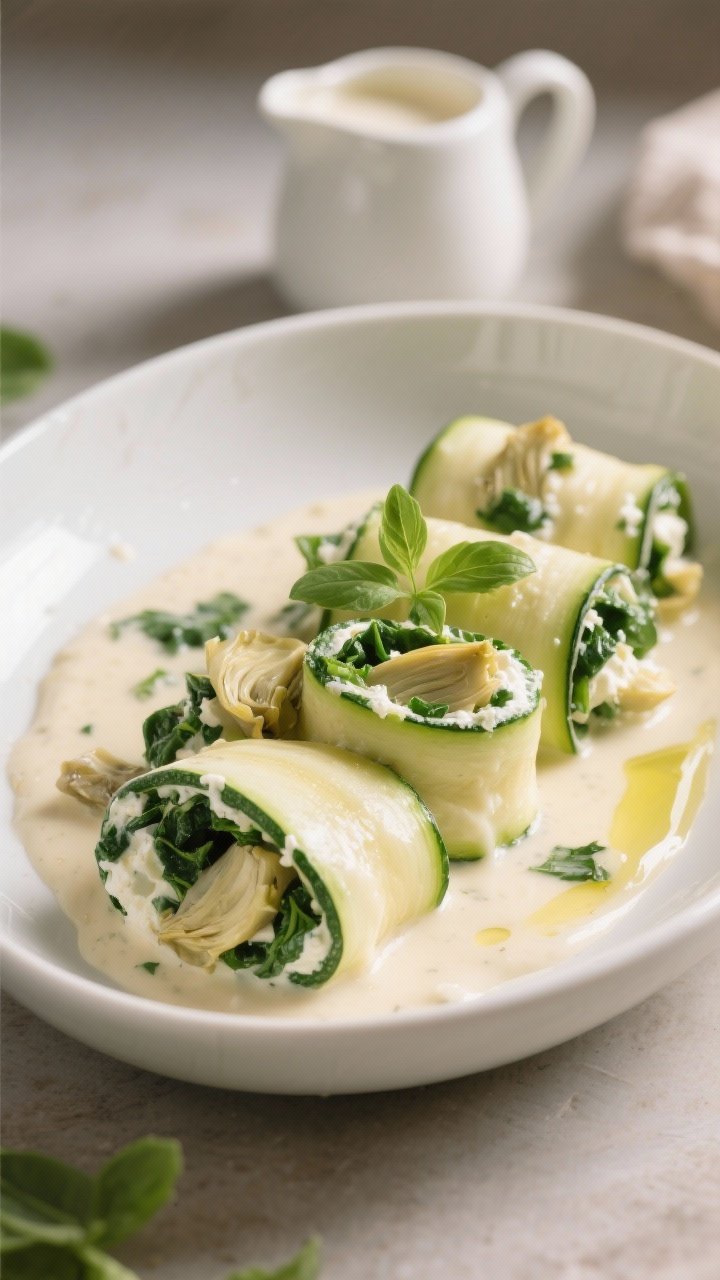 45-degree plated presentation of Spinach-Artichoke Alfredo Roll-Ups: zucchini ribbons rolled around ricotta mixed with chopped baby spinach and marinated artichoke hearts, bathed in a glossy, ivory Alfredo sauce. Capture the creamy sauce clinging to the rolls, flecks of green spinach, and bits of artichoke. Serve in a shallow white bowl with a light olive oil sheen and micro basil for color; a small pitcher of extra Alfredo in the background. Soft, cozy lighting to emphasize creamy comfort, shallow depth of field.