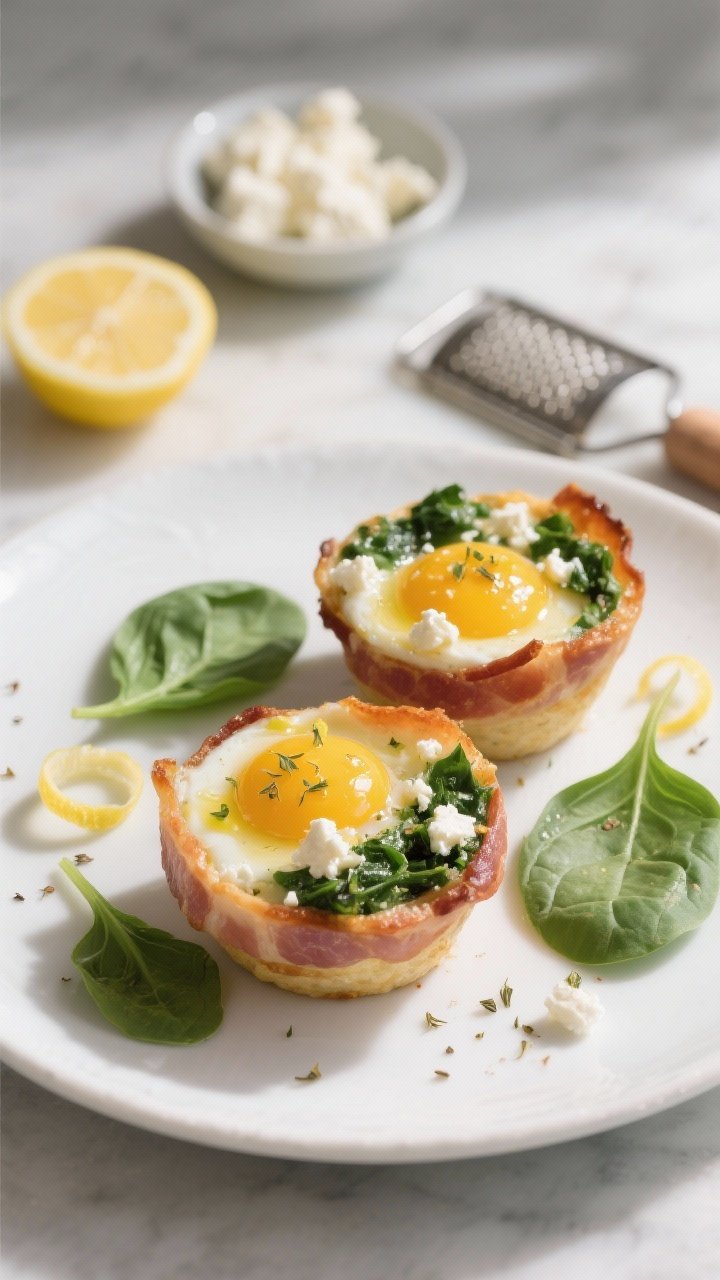 45-degree plated presentation of Spinach & Feta Sunrise Cups: bacon-wrapped egg cups flecked with finely chopped baby spinach, pockets of crumbled feta, and a whisper of lemon zest on top; a drizzle sheen from olive oil and a sprinkle of dried oregano; served on a matte white plate with lemon zest curls and a few fresh spinach leaves for color; background includes a small dish of feta and a microplane with lemon; natural morning light, soft shadows, airy mood.
