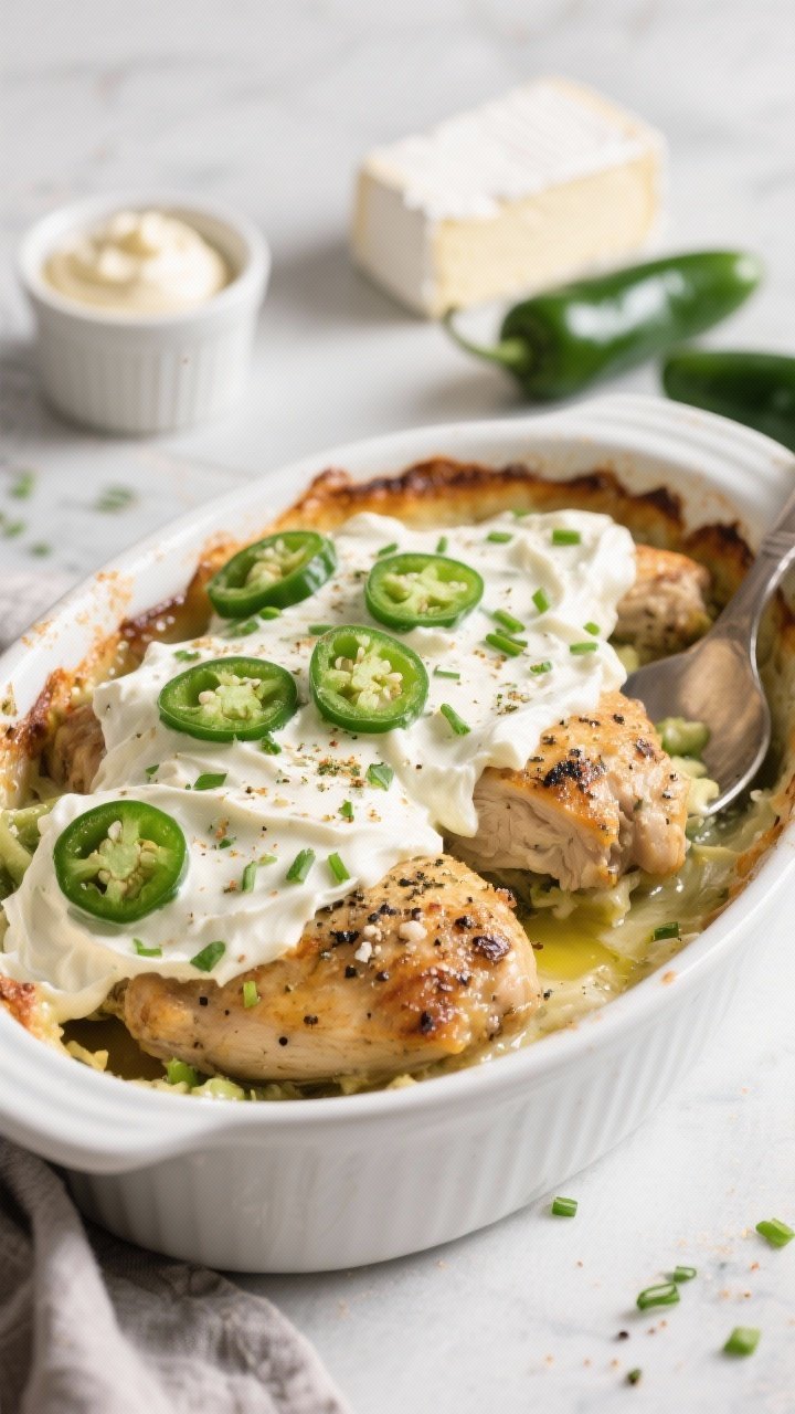 45-degree plated presentation of the Loaded Ranch Keto Jalapeño Popper Chicken Bake: juicy boneless, skinless chicken thighs baked under a thick, luscious layer of softened cream cheese and mayonnaise whisked with ranch seasoning, topped with sliced jalapeños. The thigh meat appears deeply seasoned with kosher salt and black pepper, lightly glossed with avocado oil. Served in a white oval casserole with a serving spoon revealing the creamy interior; garnish of finely chopped chives and extra ranch seasoning sprinkled around. Soft window light, high contrast for shine on the cream layer; background props include a ramekin of mayonnaise, a block of cream cheese, and fresh jalapeños.