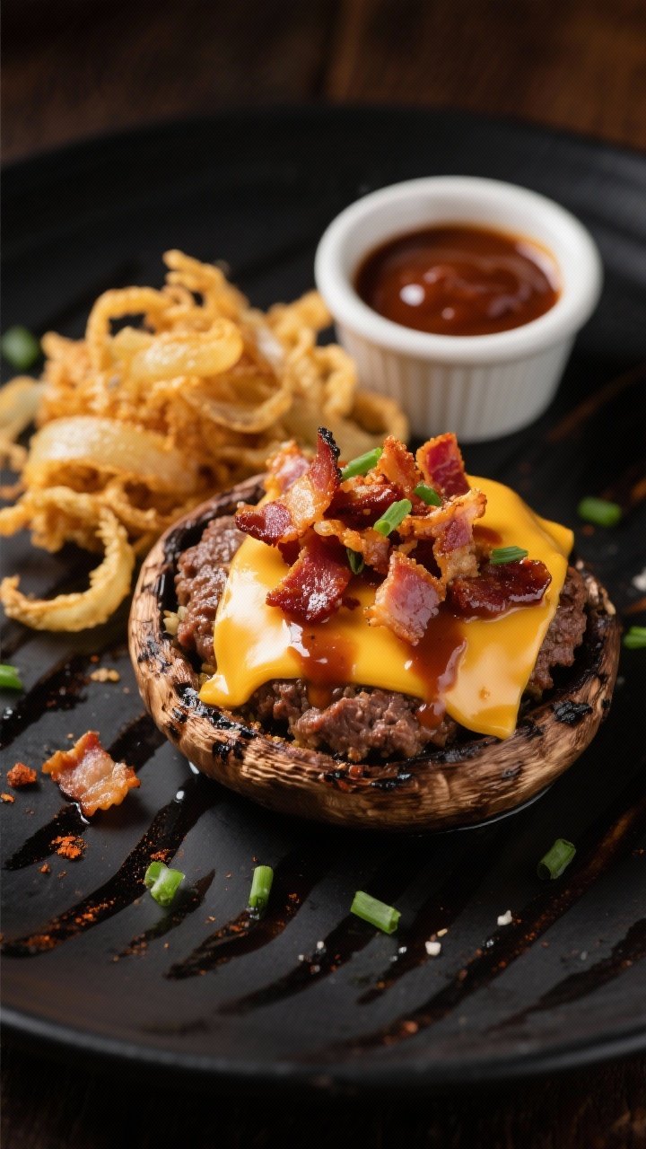 45-degree plated shot of Bacon BBQ Cheddar Portobellos with Crispy Onion Crunch: grilled portobello caps stuffed with 85/15 beef seasoned with kosher salt, black pepper, smoked paprika, and chili powder, crowned with sharp melted cheddar, sticky lacquer of smoky BBQ sauce, crumbled crispy bacon, and a heap of golden fried onion strings; served on a matte black plate with grill marks visible on the mushrooms, side ramekin of extra BBQ sauce, scattered chopped chives; warm, moody lighting to emphasize caramelization and crunch, shallow depth of field highlighting the glossy cheese and bacon texture.