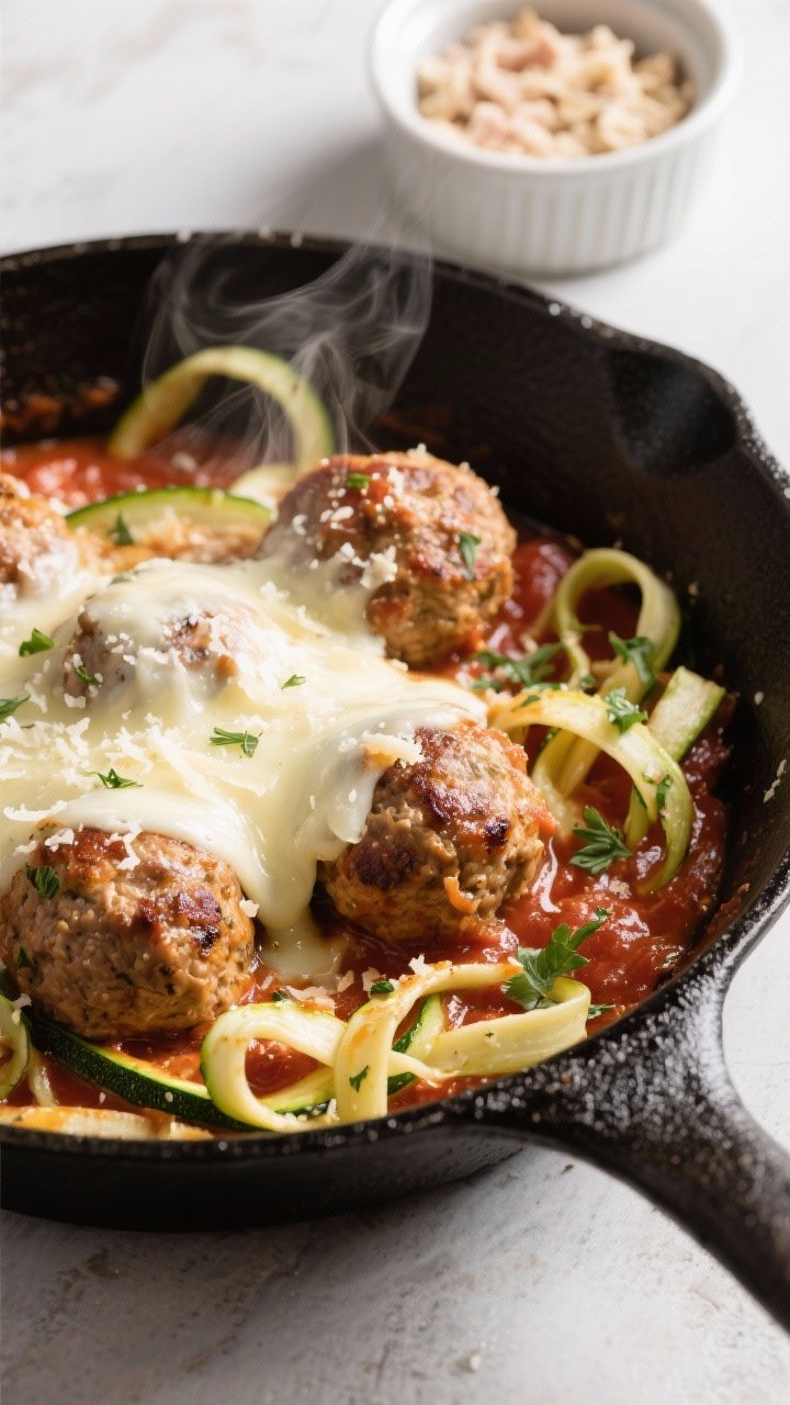 45-degree skillet action shot: Turkey (or chicken) meatballs seared and simmering in marinara in a black cast-iron skillet, topped with stretchy mozzarella and dusted with Parmesan, surrounded by fresh zucchini ribbons twirled like pasta. Visible specks of parsley and dried oregano on the meatballs, steam rising, glossy sauce, and a side ramekin of finely ground pork rinds (or almond flour) hinting the low-carb binder; bright, weeknight-friendly vibe, tight framing for melty-cheese detail.