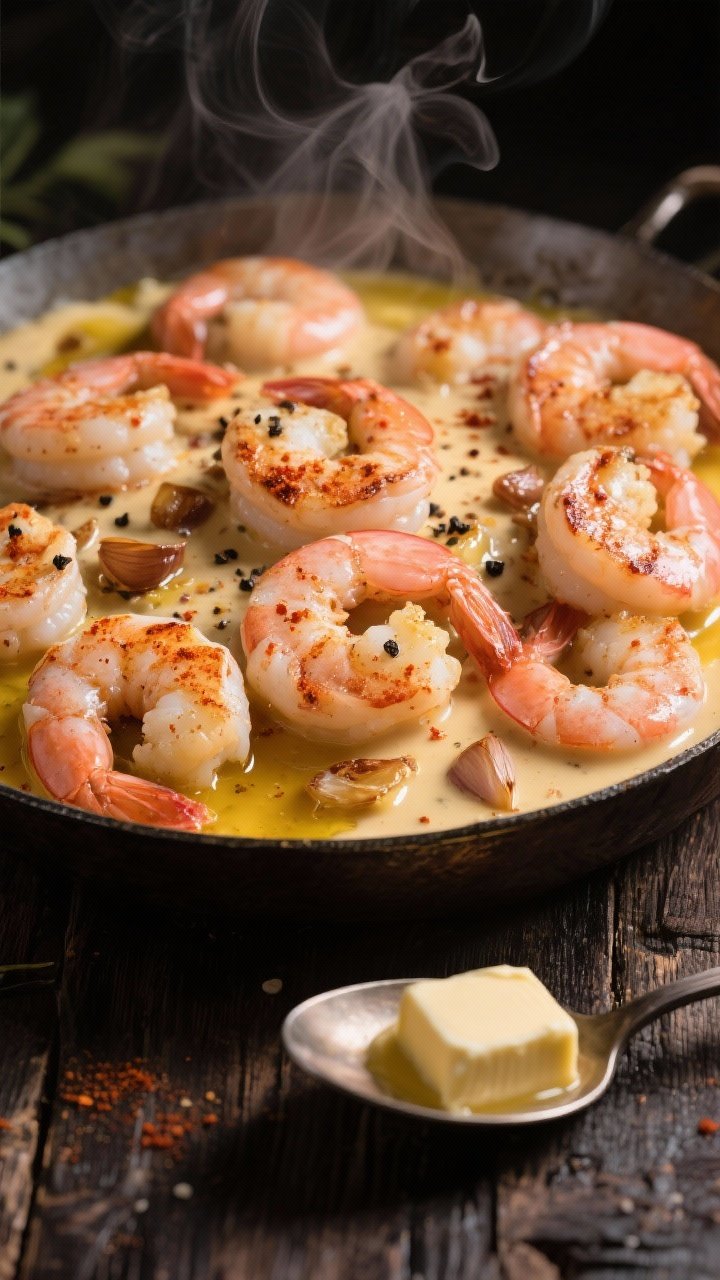 5 lb) seared in olive oil with a glossy butter-rich cream sauce, flecks of smoked paprika, kosher salt, and black pepper clinging to curled pink shrimp; visible browned garlic bits and butter sheen pooling around the edges; steam rising, warm golden highlights, set on a dark rustic wood surface with a small pat of unsalted butter melting on a spoon nearby; no people, professional moody lighting emphasizing the creamy texture and paprika-tinted sauce.