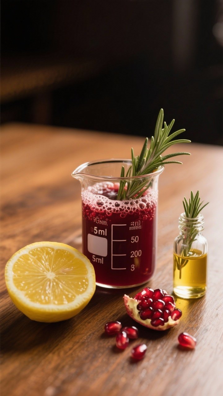 5 oz pomegranate juice in a beaker, fresh lemon half with exposed pulp, a small bottle of rosemary simple syrup, and a few glistening pomegranate arils; warm wood tabletop, soft moody lighting, shallow depth of field focusing on the rosemary oils and bubbles for an inviting, aromatic vibe.