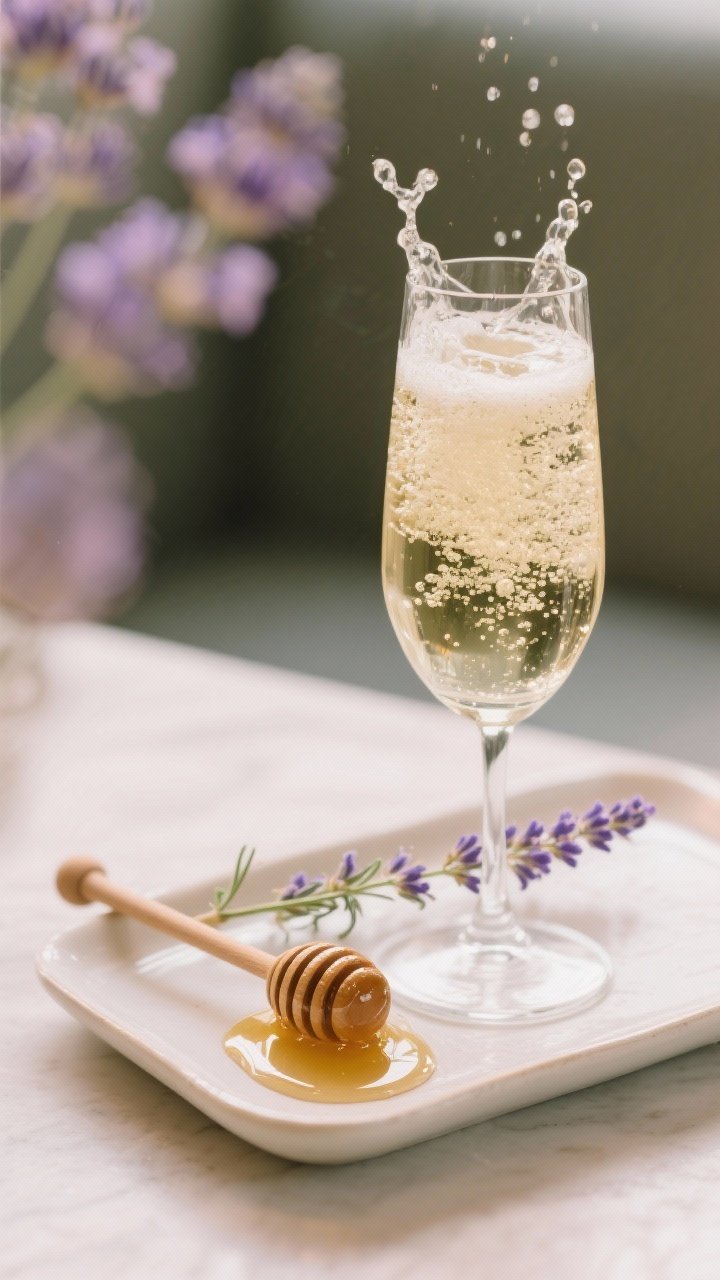75 oz), and a lively fizz of chilled Prosecco rising through the glass. Show a delicate sprig of culinary lavender and a honey dipper with a glossy drip on a pale ceramic tray; soft, floral, fancy mood with gentle pastel tones and bokeh; emphasize tiny lavender buds and the translucent honey glaze, no people.