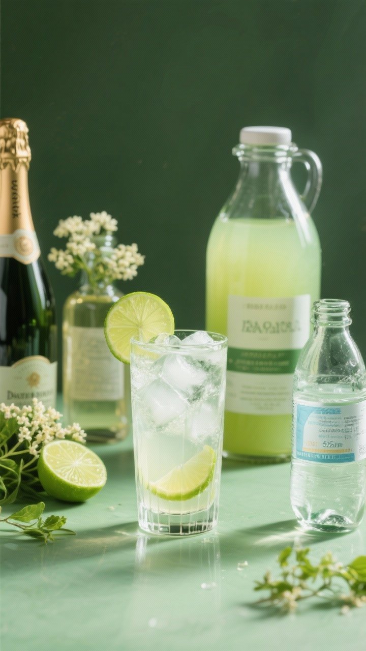 75 oz fresh lime juice, bottles of dry sparkling wine, elderflower liqueur, and soda water; a clean highball glass filled with ice at center ready for assembly; cool green palette, crisp studio lighting emphasizing freshness and herbaceous textures.