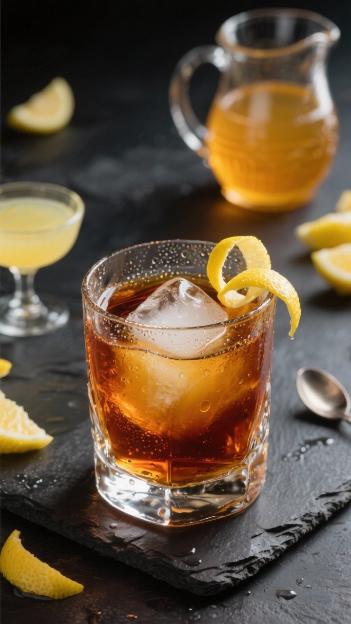 A 45-degree angle shot of the Classic Gold Rush cocktail in a chilled rocks glass over clear ice, deep amber bourbon hue with a silky sheen from honey syrup, garnished with a clean lemon peel twist draped on the rim; visible condensation on the glass, a small coupe of fresh lemon juice and a glass pitcher of golden honey syrup in the background, styled on a dark slate surface with scattered lemon wheels and a bar spoon, crisp, moody lighting to emphasize the glossy texture and clarity.