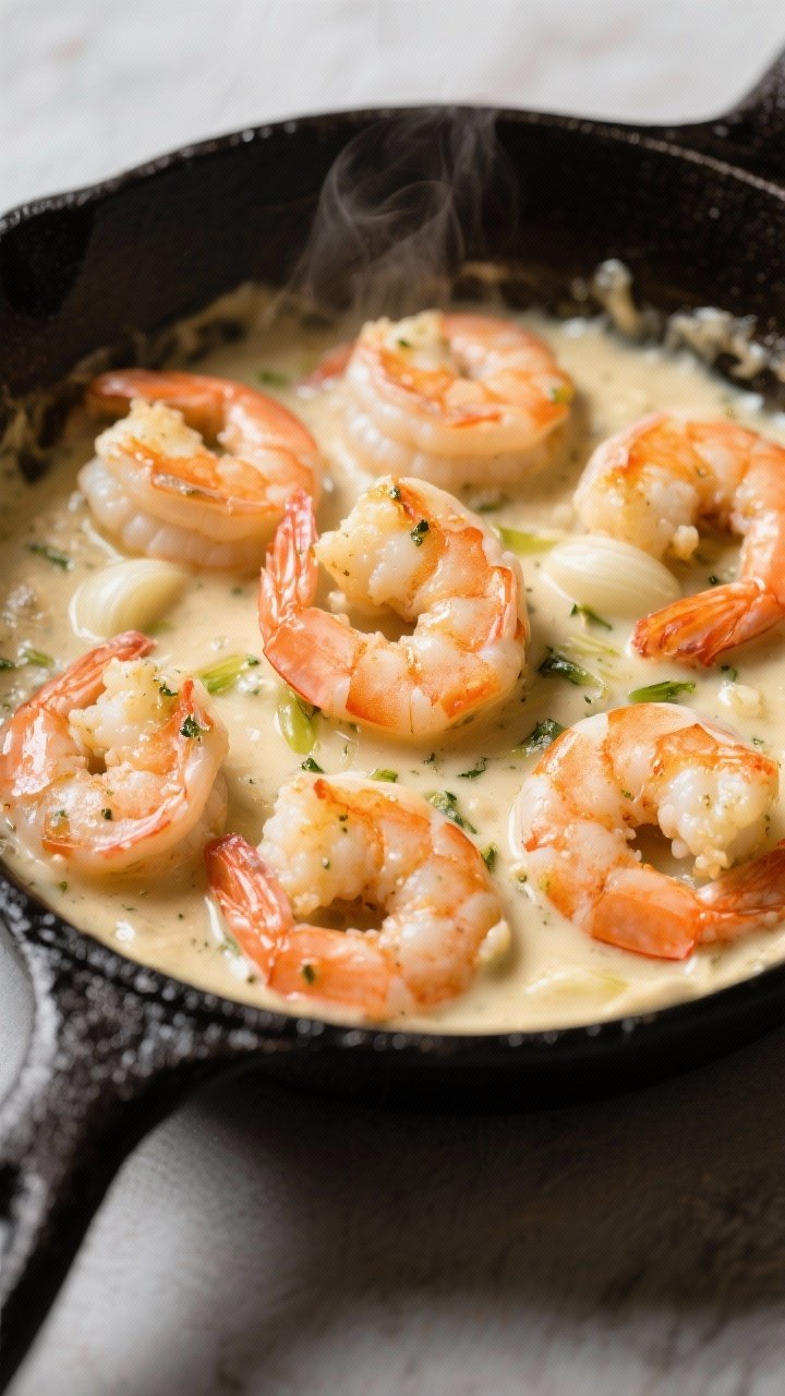 A 45-degree close-up of a classic creamy garlic butter shrimp skillet sizzling in a black cast-iron pan: large shrimp (