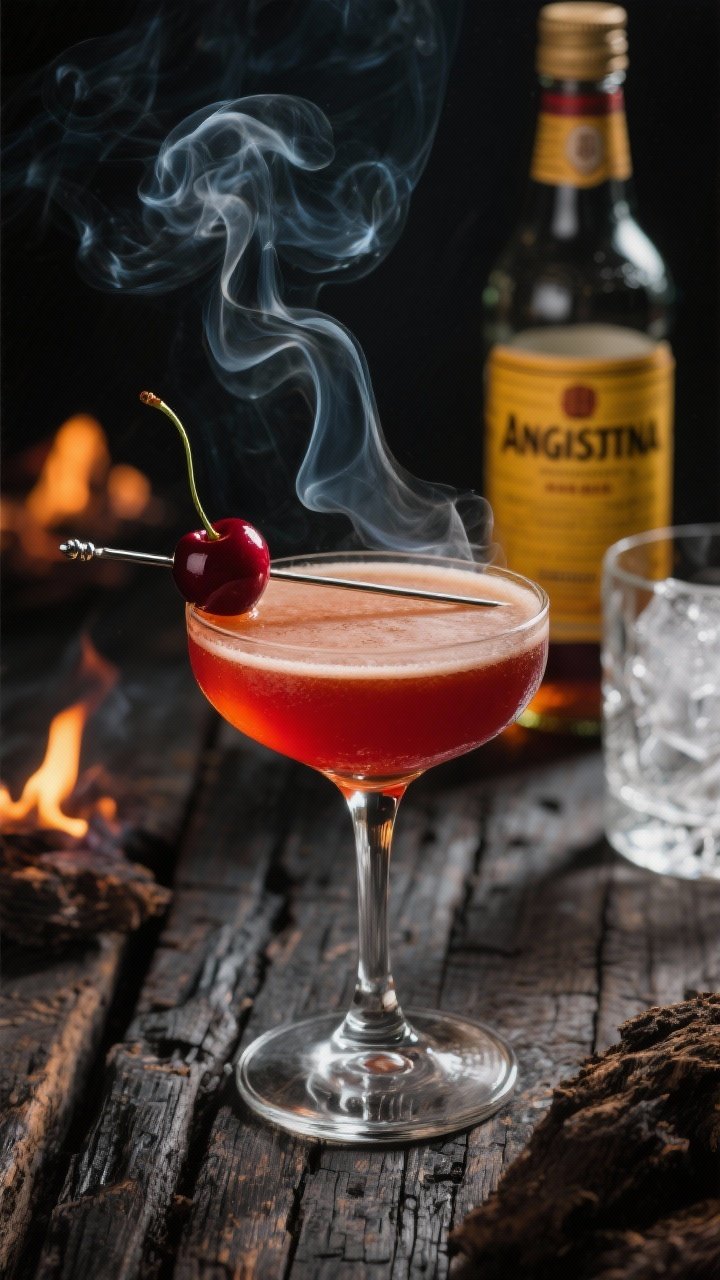 A 45-degree dramatic shot of the Smoked Cherry Midnight Manhattan being finished: a coupe with a ruby-amber cocktail made from rye and sweet vermouth, subtle sheen from maraschino liqueur, and a whisper of peated Scotch. A brandied cherry on a sleek metal pick rests gently on the rim, wisps of smoke curling around the glass to suggest peat and firelight. Two dashes Angostura bottle in the background, mixing glass with ice nearby. Set on charred wood with ember-like bokeh, cinematic contrast, tack-sharp glass and garnish, no people.
