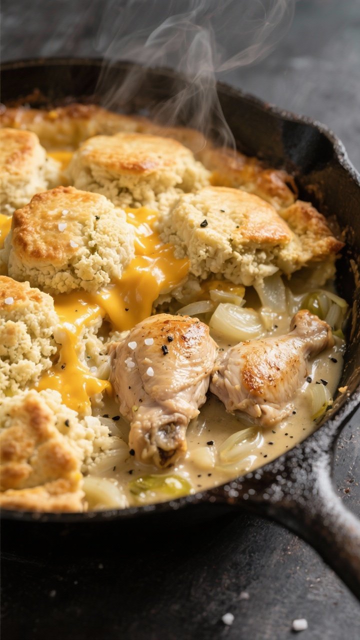 A 45-degree skillet scene of a weeknight keto pot pie topped with rustic cheddar cauliflower biscuits, set in a well-seasoned cast-iron pan; seared 1-inch chicken thigh pieces nestled in a creamy savory base with onion, flecks of black pepper, and glossy edges from butter and olive oil; biscuit tops golden with melted cheddar pockets and crisp edges; sprinkle of kosher salt crystals visible; steam rising, shot tight enough to show biscuit crumb and saucy filling bubbling around the sides; moody, directional light for weeknight coziness.