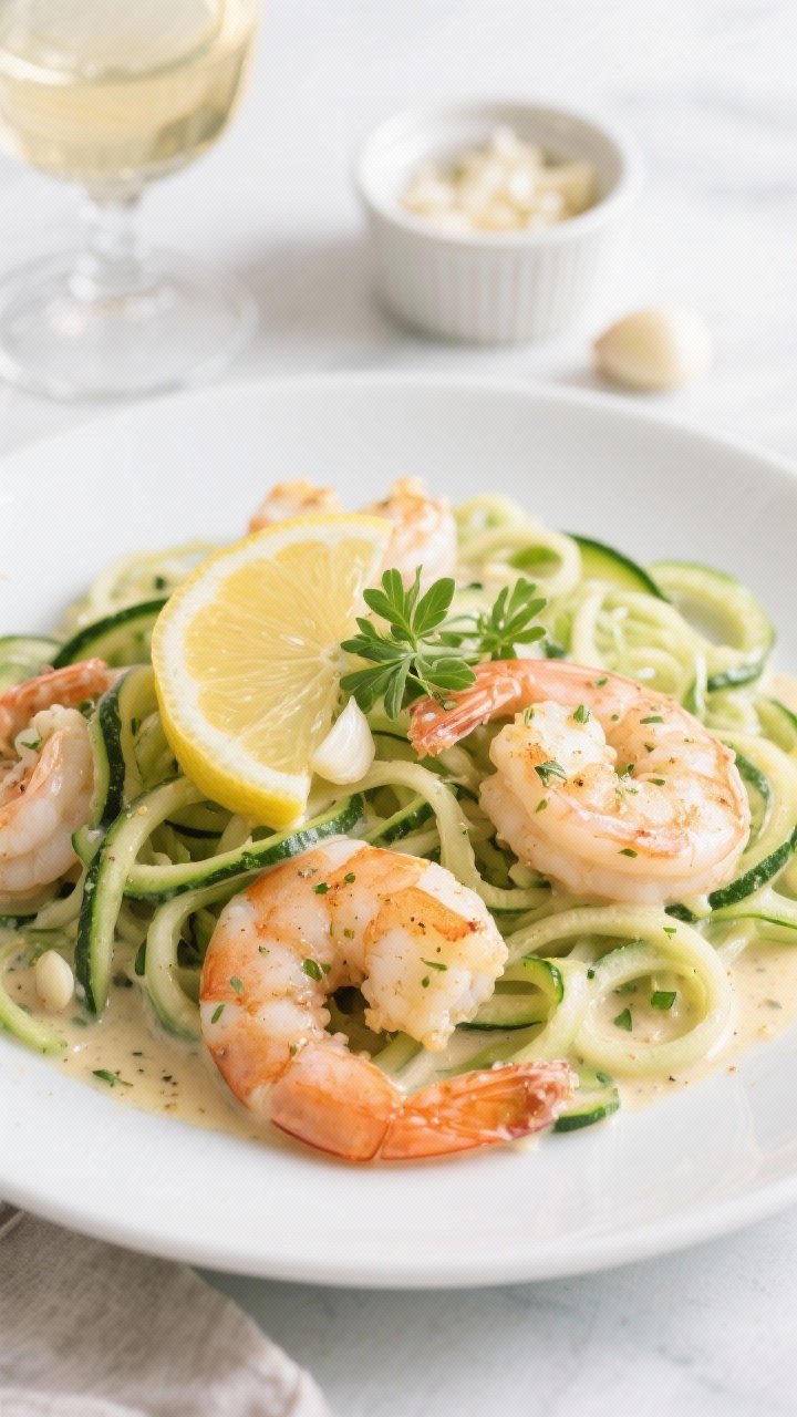A bright, straight-on composition showing lemon-herb creamy garlic shrimp with zoodles as a weeknight wonder: tender large shrimp coated in a light lemony cream with garlic and herbs, subtle garlic powder specks, cooked in ghee/butter; twirls of vibrant green zucchini noodles piled high, sauce clinging to the strands; a slice of lemon and micro-herbs for garnish; a small glass of dry white wine and a ramekin of minced garlic in the background; clean, fresh styling with crisp highlights to convey zesty, weeknight ease.