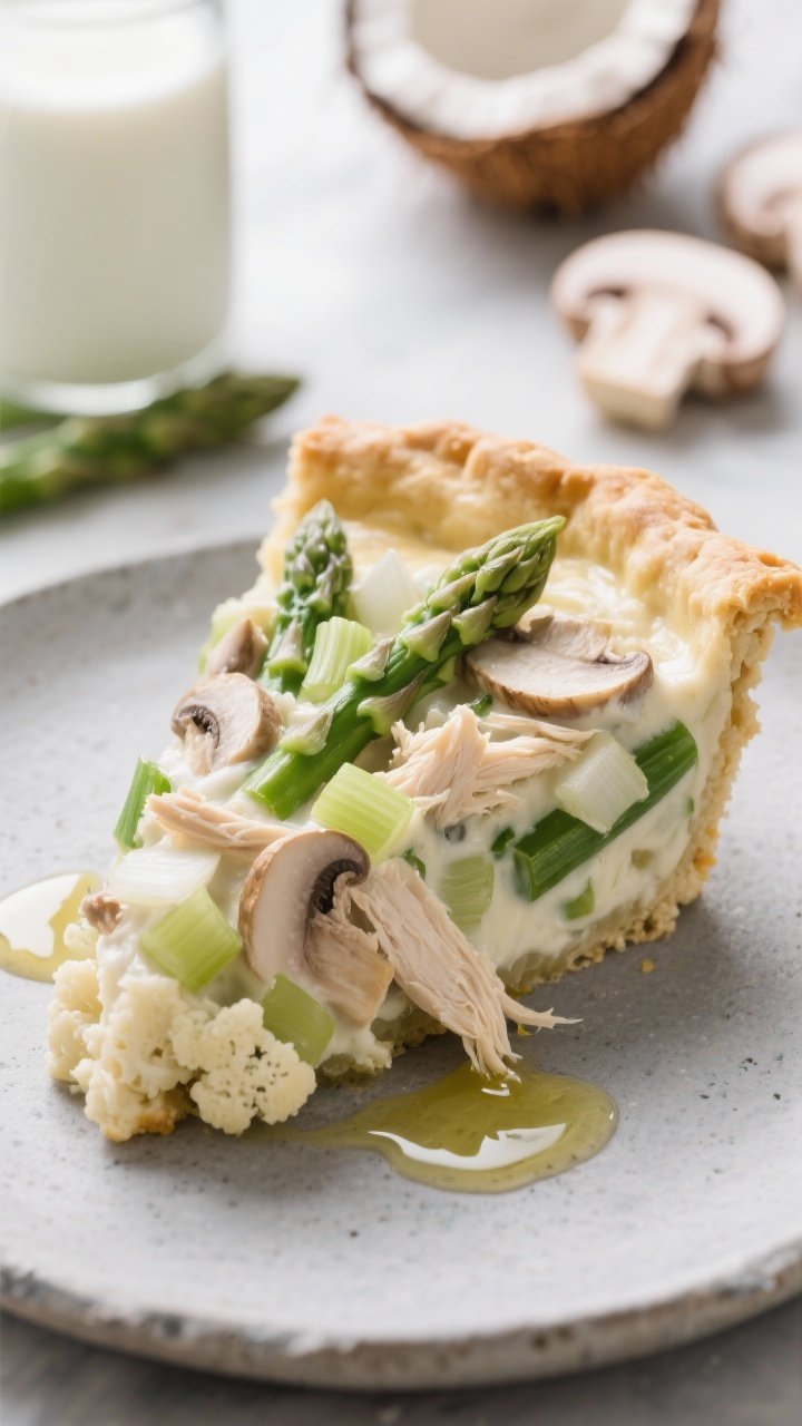 A clean, dairy-free presentation of creamy keto pot pie with a coconut cauliflower crust, straight-on shot of a sliced wedge plated on a matte stone plate; creamy coconut-infused filling studded with shredded chicken, diced celery, onions, sliced mushrooms, and bright green asparagus/green beans, contrasted by a lightly browned cauliflower crust; drizzle of olive oil gloss on the crust edge; coconut milk can and a few raw mushroom slices blurred in the background; bright, natural light to emphasize freshness and dairy-free clarity.