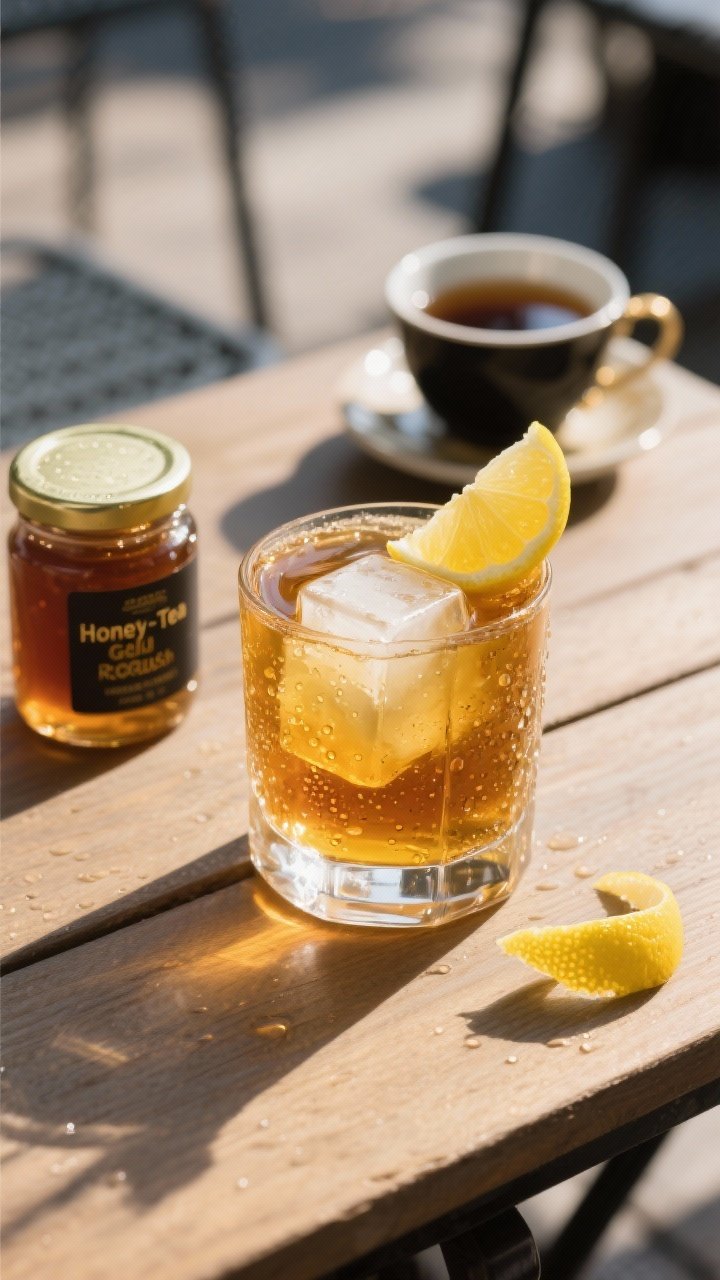 A close-up, sunlit patio scene of the Honey-Tea Gold Rush in a heavy-bottomed rocks glass over a single large clear cube, rich tea-tinted gold color from black tea honey syrup, micro-beads of condensation; a lemon wheel perched on the rim and an expressed lemon peel resting on the table; in the soft-focus background, a small jar labeled black tea honey syrup and a teacup with black tea, natural wood tabletop, bright yet soft afternoon light for a relaxed al fresco mood.
