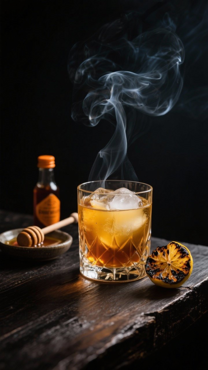A moody, low-key 45-degree shot of the Smoked Honey Gold Rush in a rocks glass with clear ice, deeper burnished gold color from smoked honey syrup and bourbon (optionally split with mild Islay Scotch), wisps of smoke curling in the background; a dash bottle of orange bitters nearby, a small dish of smoked honey syrup with a honey dipper, and a charred lemon peel resting beside the glass; dark wood surface, dramatic side lighting to emphasize viscosity, smoke, and cozy night ambience.