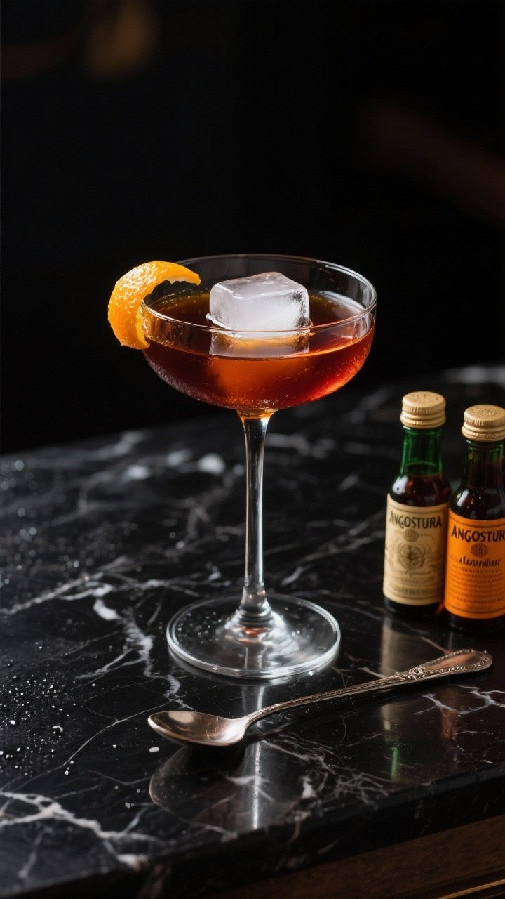 A moody, straight-on close-up of a chilled coupe holding The Classic Midnight Manhattan: deep amber rye whiskey cocktail with a subtle mahogany hue from sweet vermouth and Averna amaro, silky clarity, a single large clear ice cube in a mixing glass beside it with condensation, two small dropper bottles labeled Angostura and orange bitters, and a bar spoon resting on a black marble bar. Garnish with a single expressed orange twist hovering on the rim, faint citrus oils shimmering on the surface. Low-key lighting with a midnight vibe, crisp reflections, professional studio quality, no people.
