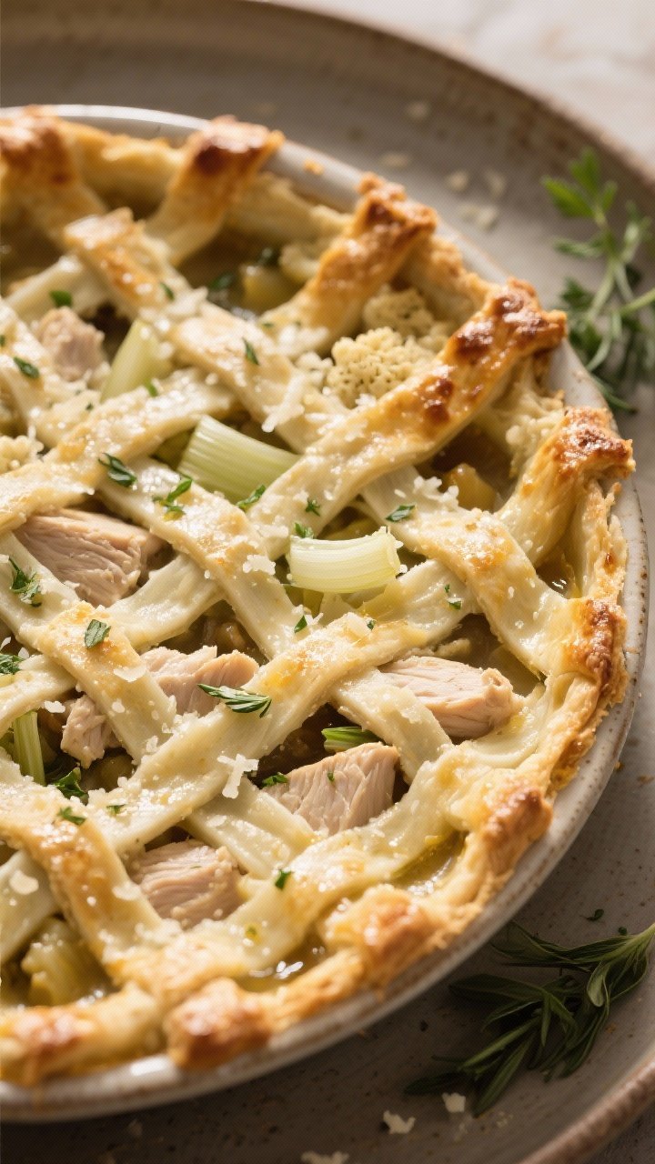 A plated hero shot of herb-laced keto chicken pot pie featuring a delicate Parmesan cauliflower lattice crust, captured at 45 degrees to showcase the woven lattice detail and crisp, cheese-flecked texture; chunky chicken thigh pieces in a savory filling visible through the lattice gaps, with hints of white-and-pale-green leek and specks of herbs; edges blistered golden from butter and olive oil; served in a round ceramic dish with a few fresh herb sprigs scattered; warm, directional light highlighting the lattice pattern and Parmesan sheen.
