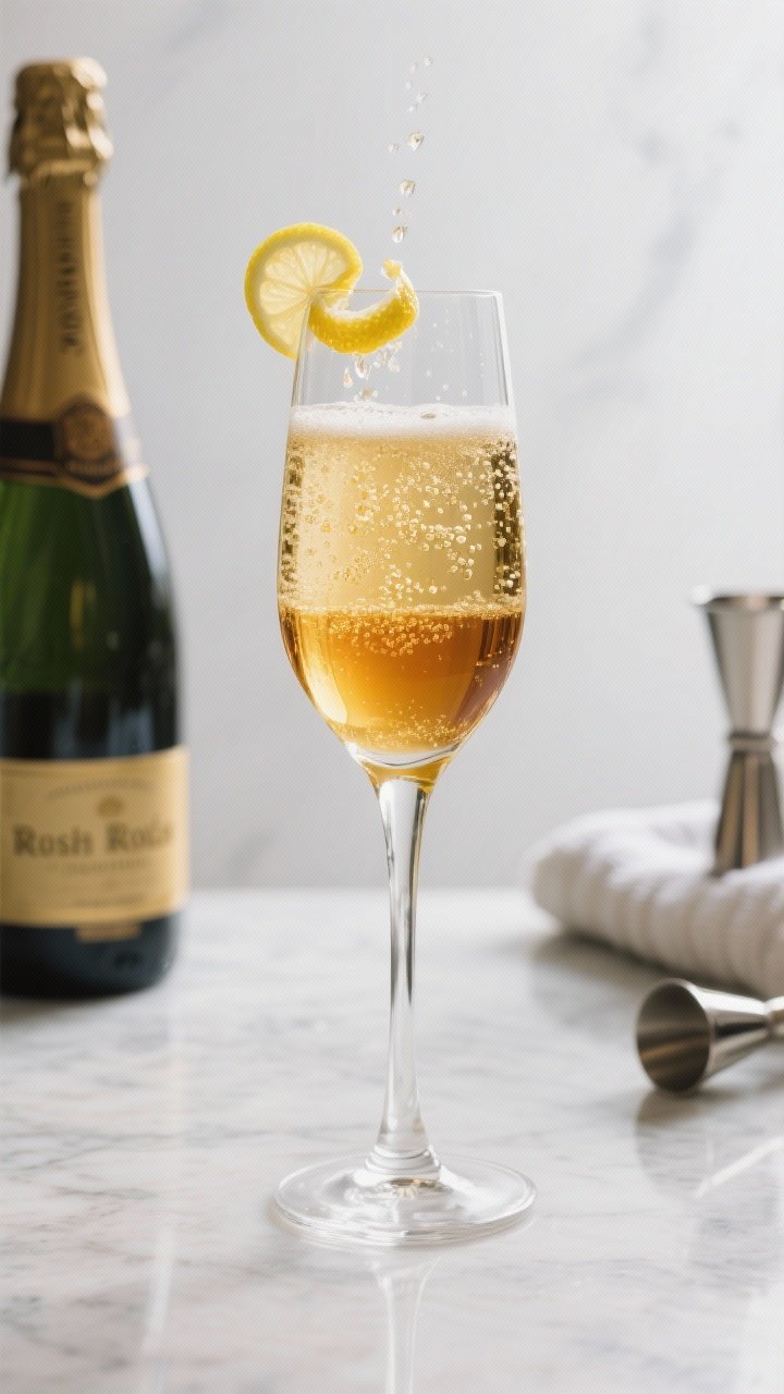 A straight-on, celebratory portrait of the Gold Rush Royale: a sleek coupe glass with a layered golden base (bourbon, lemon, honey) topped with fine-bubbled chilled Brut sparkling wine, tiny streams of effervescence rising; a tight lemon twist perched elegantly; bottle of dry sparkling wine slightly out of focus, bar towel and jigger to the side; high-key lighting with reflective highlights to showcase bubbles and clarity, minimalistic modern styling on a pale marble surface.
