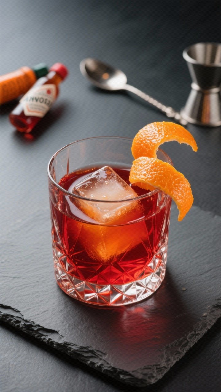 A straight-on plated presentation of the Midnight Boulevard Manhattan: a rocks glass with a faceted pattern, filled with a bittersweet crimson cocktail from rye, sweet vermouth, and Campari, dense clear cube inside. Expressed citrus oils bead on the surface; an orange twist (or grapefruit peel) draped elegantly over the rim. Bitters droppers (Angostura and orange) subtly staged behind, bar spoon alongside on a slate surface. Clean, modern styling with bold red-orange tones, high clarity and controlled reflections, no people.