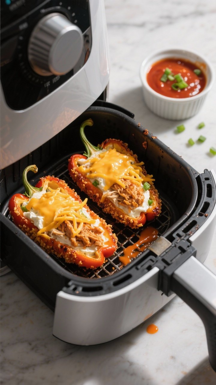 Action-in-appliance shot, 45-degree angle: Crispy air fryer buffalo chicken peppers with cheddar crust inside an open air fryer basket. Medium bell pepper halves stuffed with a creamy mixture of shredded chicken, buffalo wing sauce, cream cheese, and a touch of mayonnaise, topped with a thick layer of shredded sharp cheddar forming a bubbly, browned crust. Cheese frico edges crisped, slight char spots, a little orange buffalo oil pooling attractively. A small ramekin of extra buffalo sauce and a sprinkle of chopped green onions on the counter nearby. Clean, modern kitchen vibe, dramatic directional light to emphasize the crispy cheddar texture.