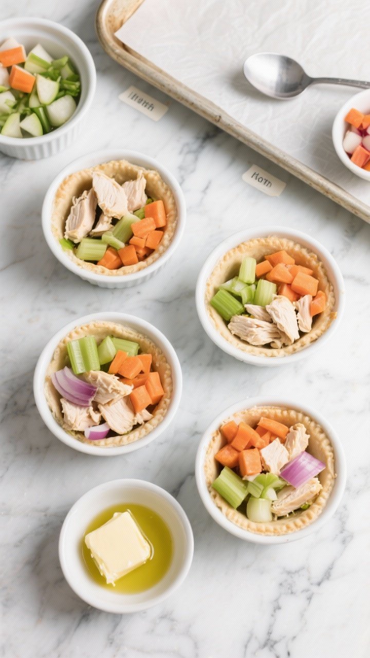An ingredient-prep flat lay for meal-prep mini keto pot pies in ramekins: overhead composition of four white ramekins partially filled with diced rotisserie chicken, onion, and celery, with optional diced carrots or turnip swap in a side bowl; pats of butter and a small pool of olive oil ready to use; a baking sheet lined with parchment, a small ladle, and neatly chopped mise en place bowls; cool marble background for cleanliness; labels implied by arrangement, emphasizing batch-cooking organization and vibrant produce colors.