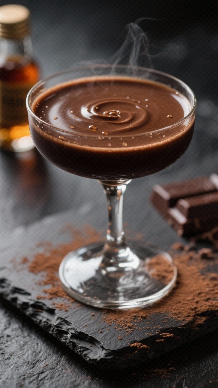 An intimate macro close-up of the Velvet Midnight Manhattan in a coupe: luscious dark amber-brown tones from bourbon, sweet vermouth, and crème de cacao, with a satin surface. A micro-mist of vanilla visible as tiny droplets catching the light; optional chocolate bitters bottle softly blurred in the background. Delicate cocoa dusting on the black stone surface near the stem, elegant highlights and shallow depth of field to emphasize velvety texture. Rich, cozy lighting, immaculate glassware, no people.