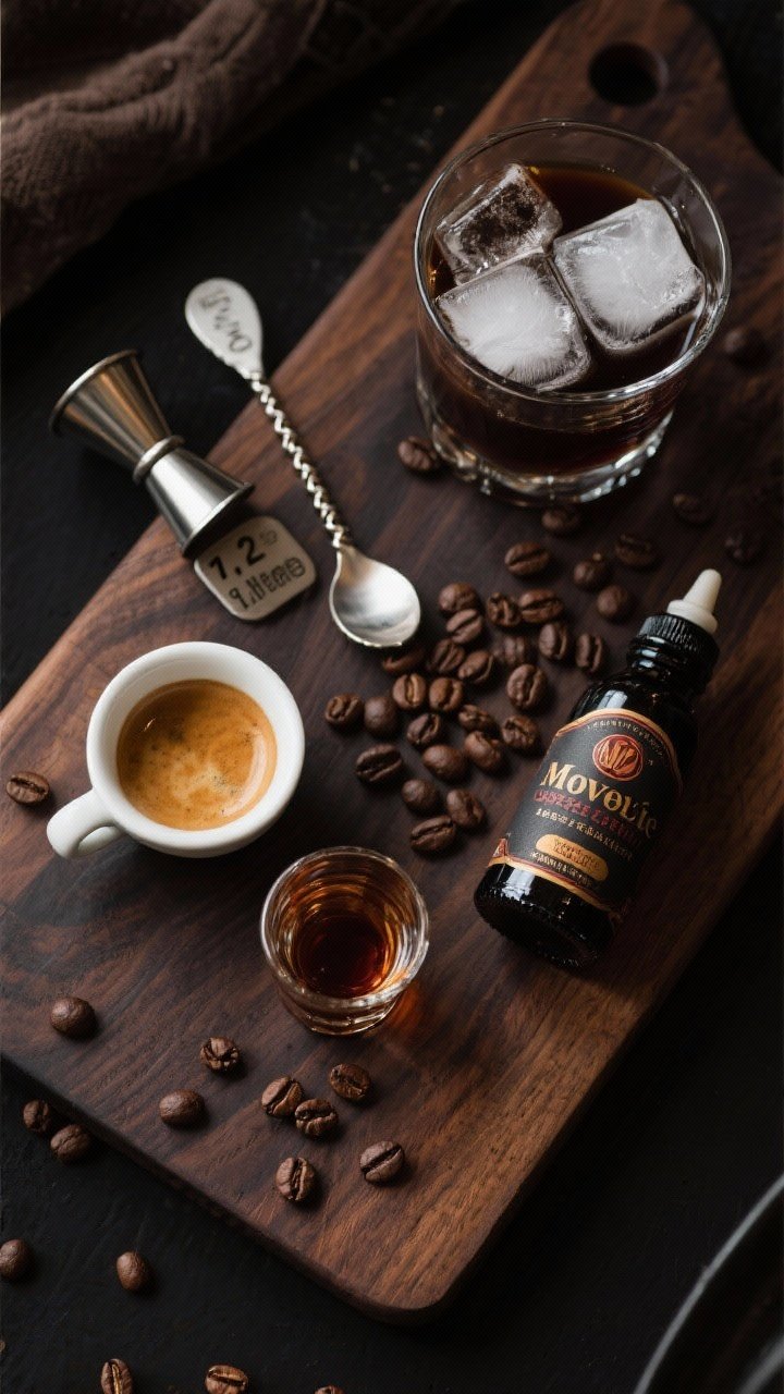 An overhead flat-lay ingredient prep for the Black Velvet Espresso Manhattan: measured jiggers showing 1 1/2 oz bourbon and 1 oz sweet vermouth, a small demitasse of freshly pulled espresso cooling (rich crema visible), a tiny glass of coffee liqueur, and a bottle of mole bitters with dropper. Include a mixing glass with large clear ice cubes, a bar spoon spiraled across a dark walnut board, and scattered coffee beans for texture. Dark, velvety tones with warm highlights, high detail, clean labels turned away, no hands.