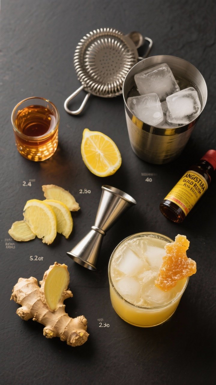 An overhead flat-lay of the Ginger Gold Rush ingredients and build: measured jiggers showing 2 oz bourbon, 3/4 oz fresh lemon juice, 1/2 oz honey syrup, 1/2 oz ginger syrup, and a dasher bottle of Angostura bitters; a shaker tin with ice cubes partially filled and a fine strainer nearby; thin slices of fresh ginger and a piece of candied ginger ready for garnish; warm golden palette with pops of citrus yellow and ginger beige on a matte charcoal backdrop, clean lines and professional bar mise en place.